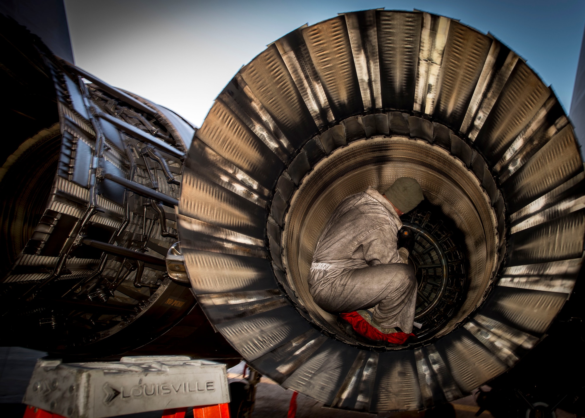 Staff Sgt. Shane Dewyar, 332nd Expeditionary Maintenance Squadron crew chief, inspects an engine, Jan. 9, 2017, in Southwest Asia. Crew chiefs launch, recover and maintain aircraft striving to provide combat-ready aircraft daily. (U.S. Air Force photo by Staff Sgt. Eboni Reams)