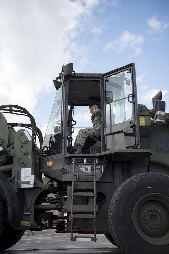 U.S. Air Force Airman 1st Class Jonathan Book, 18th Logistics Readiness Squadron vehicle operator, operates a 10k all-terrain vehicle Jan. 19, 2017, at a vehicle depot on Kadena Air Base, Japan. Vehicle operators stationed on Kadena are trained and qualified to operate up to 15 different types of vehicles. (U.S. Air Force photo by Senior Airman Omari Bernard/Released)