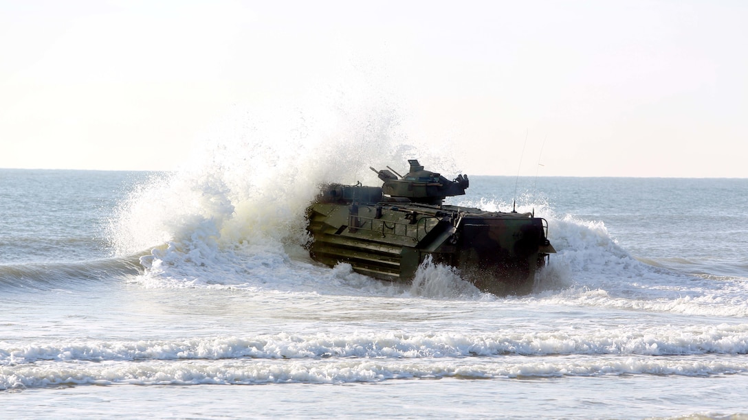 Marines conduct training in an assault amphibious vehicle during ship-to-shore operations at Camp Lejeune, N.C., Jan. 19, 2017. The training helped the Marines enhance their ability to operate the vehicles while in the ocean. The Marines are assigned to 2nd Assault Amphibian Battalion, 2nd Marine Division. (U.S. Marine Corps photo by Sgt. Clemente C. Garcia)
