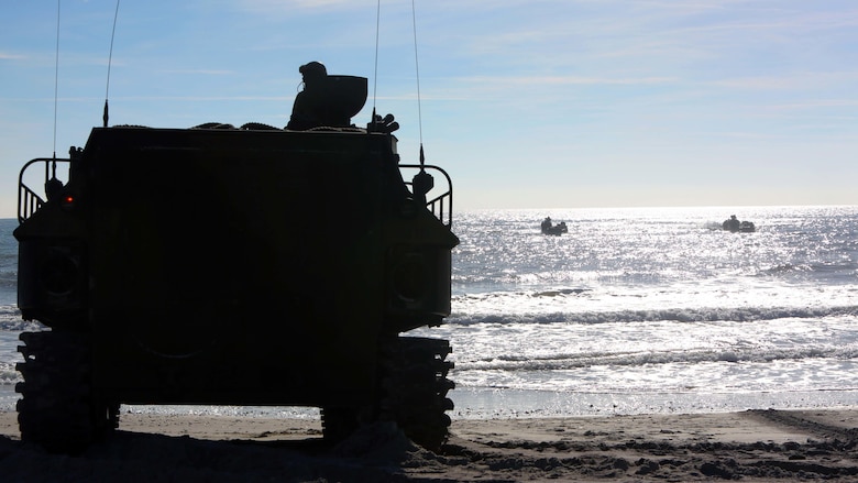 Marines conduct assault amphibious vehicle training during ship-to-shore operations at Camp Lejeune, N.C., Jan. 19, 2017.The Marines practiced amphibious raids and amphibious demonstrations during the three-day evolution. The Marines are assigned to 2nd Assault Amphibian Battalion, 2nd Marine Division.