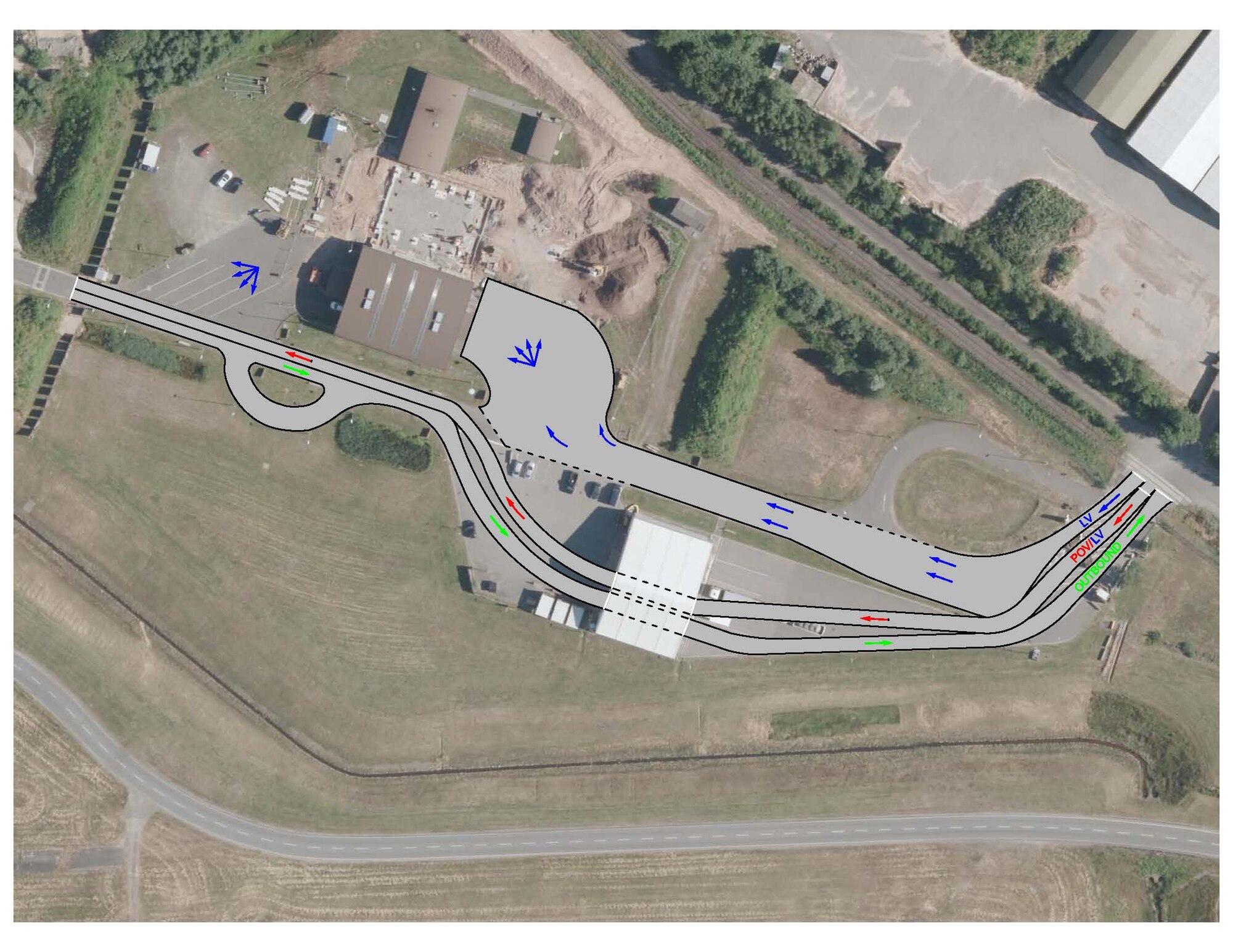 Large vehicles entering the Large Vehicle Inspection Site Gate of Ramstein Air Base, Germany, will immediately proceed right, as displayed by the blue arrows, and enter the inspection station. Smaller vehicles will follow line markings through the temporary inspection tent as displayed by the red arrows. All exiting vehicles will leave through the temporary inspection tent and then out of the gate. 