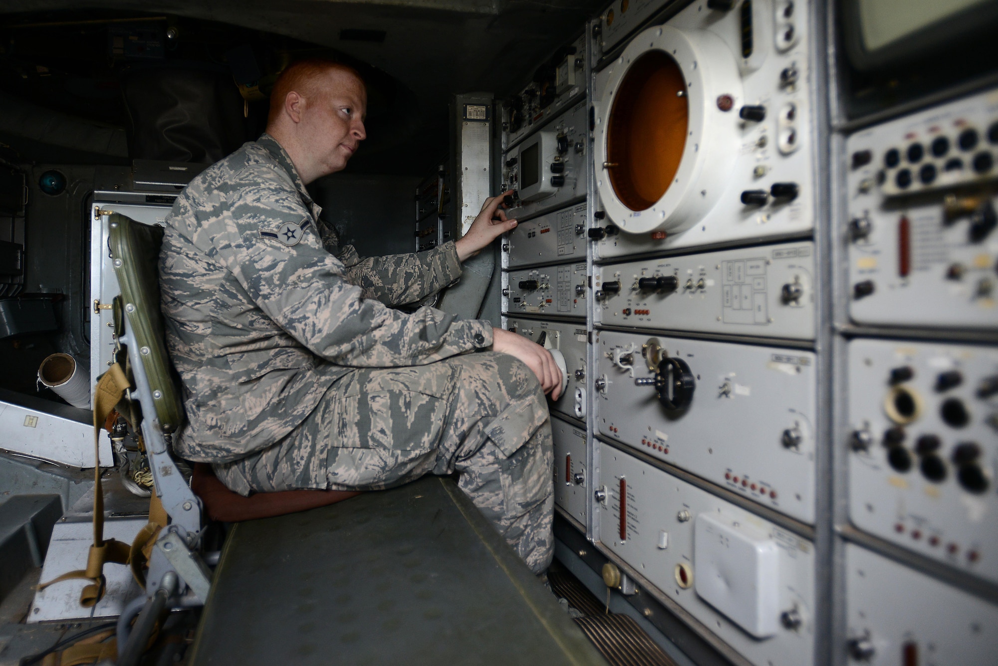 U.S. Air Force Airman Jackson Gaul, 20th Component Maintenance Squadron aircrew egress systems apprentice, sits inside an SA-8 Gecko “Land Roll” Launcher surface-to-air missile system at Shaw Air Force Base, S.C., Jan. 20, 2017. The SAM was provided for the informational session by the Defense Intelligence Agency’s Missile Space Intelligence Center, and the 46th Test Squadron assigned to Eglin AFB, Fla. (U.S. Air Force photo by Airman 1st Class Kelsey Tucker)