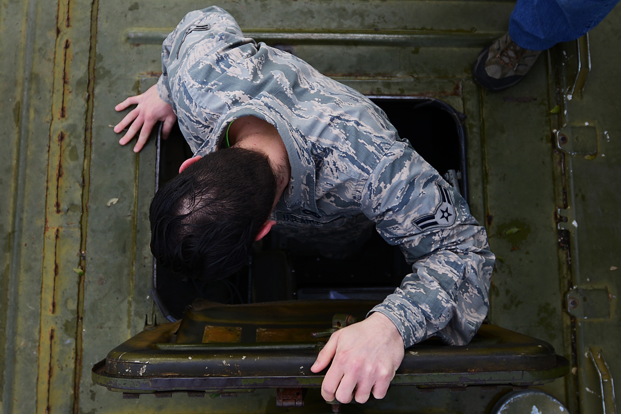 A U.S. Airman climbs into an SA-8 Gecko “Land Roll” Launcher surface-to-air missile system at Shaw Air Force Base, S.C., Jan. 20, 2017. The visit was intended to give Team Shaw a hands-on experience with the type of systems 20th Fighter Wing pilots train to destroy. (U.S. Air Force photo by Airman 1st Class Kelsey Tucker)