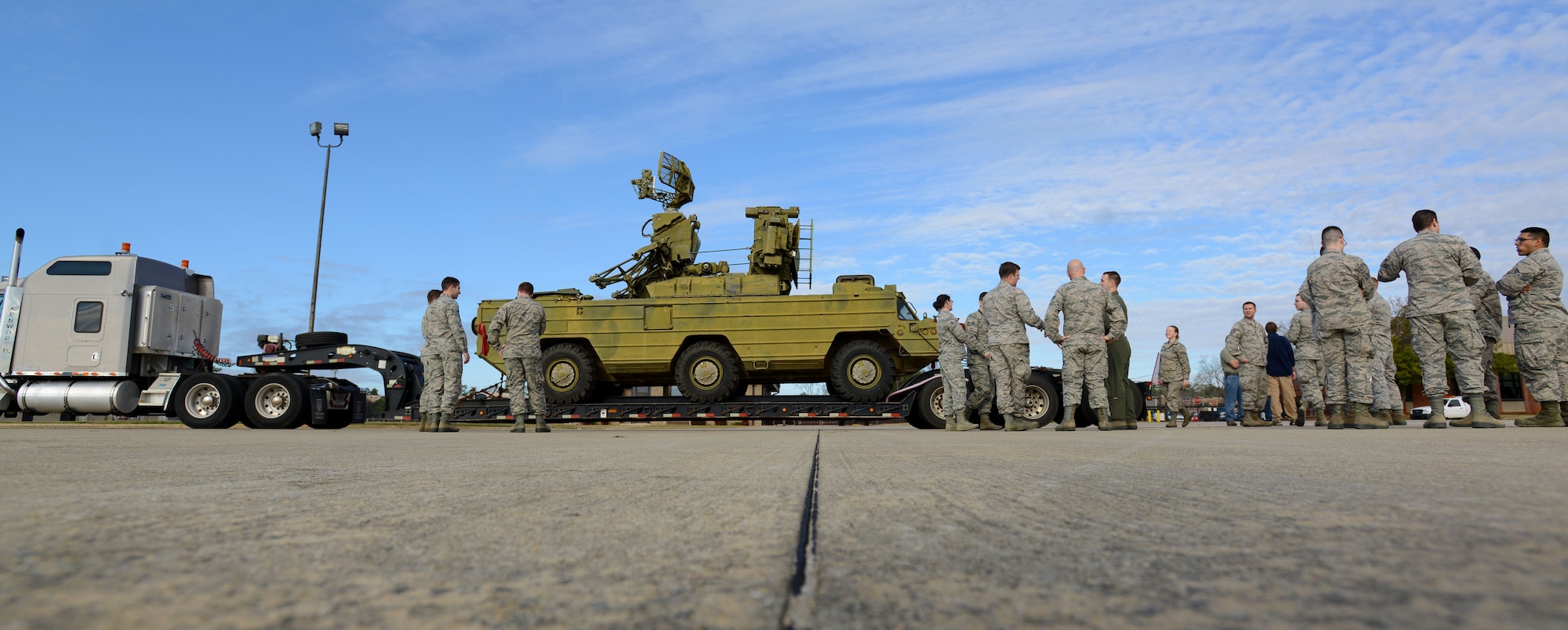 U.S. Airmen participate in a “show and tell” of an SA-8 Gecko “Land Roll” Launcher surface-to-air missile system at Shaw Air Force Base, S.C., Jan. 20, 2017. Approximately 150-200 Team Shaw members from various career fields across the base participated in the event. (U.S. Air Force photo by Airman 1st Class Kelsey Tucker)