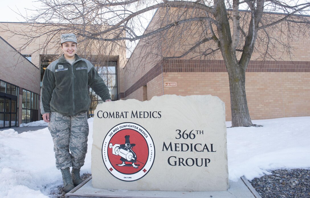 Airman 1st Class Karla Vasquez, 366 Medical Support Squadron health service management technitian, poses for a photo at her work center January 12, 2016, at Mountain Home Air Force Base, Idaho. Vasquez obtained her U.S. cizitenship February 2016. (U.S. Air Force photo by Senior Airman Malissa Lott/Released)