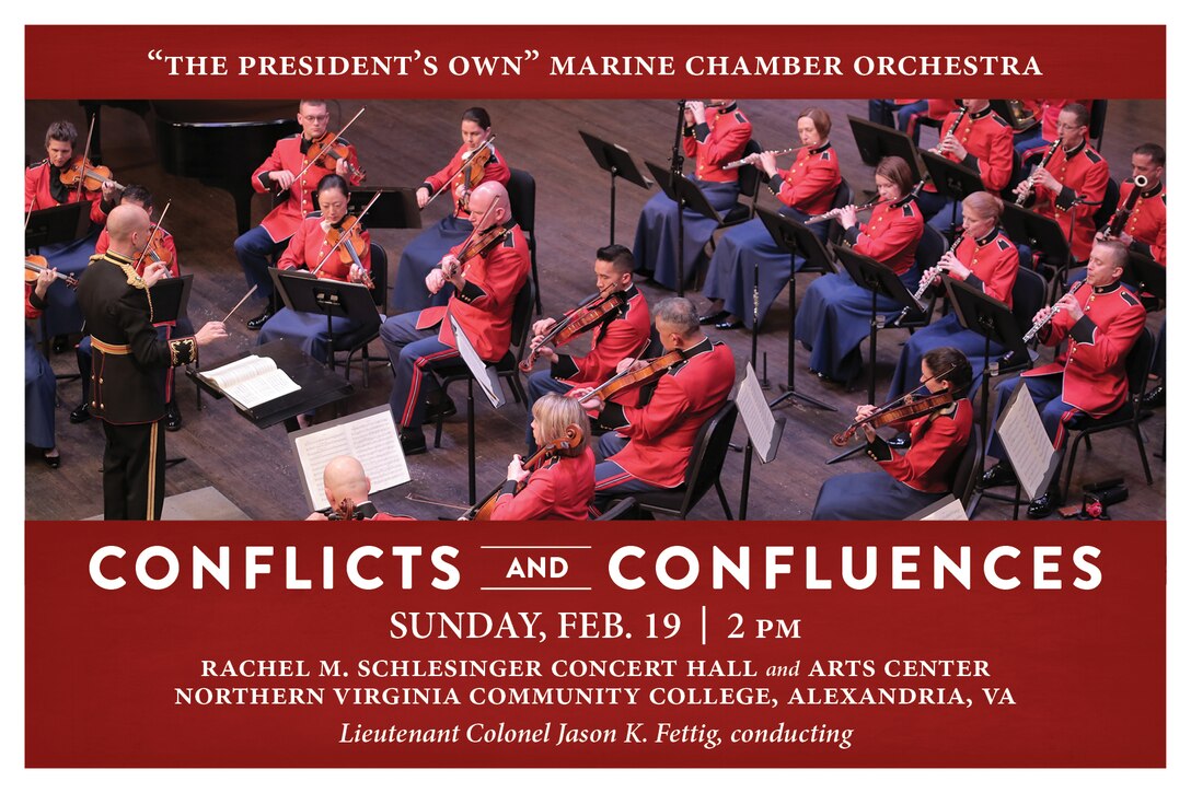 The Marine Chamber Orchestra perform at 2 p.m., Sunday, Feb. 19, at Northern Virginia Community College's Schlesinger Center in Alexandria, Va. This program features three disparate works that each illuminate conflict and confluence through music: Wolfgang Amadeus Mozart’s Overture to Don Giovanni; Dmitri Shostakovich’s Symphony No. 9 in E-flat; and the world première of composer, oboist, and veteran Marine Lt. Col. Kenneth Watson’s Bassoon Concerto, written specifically for principal bassoon Master Sgt. Christopher McFarlane, who will perform the selection.  Admission and parking are free.