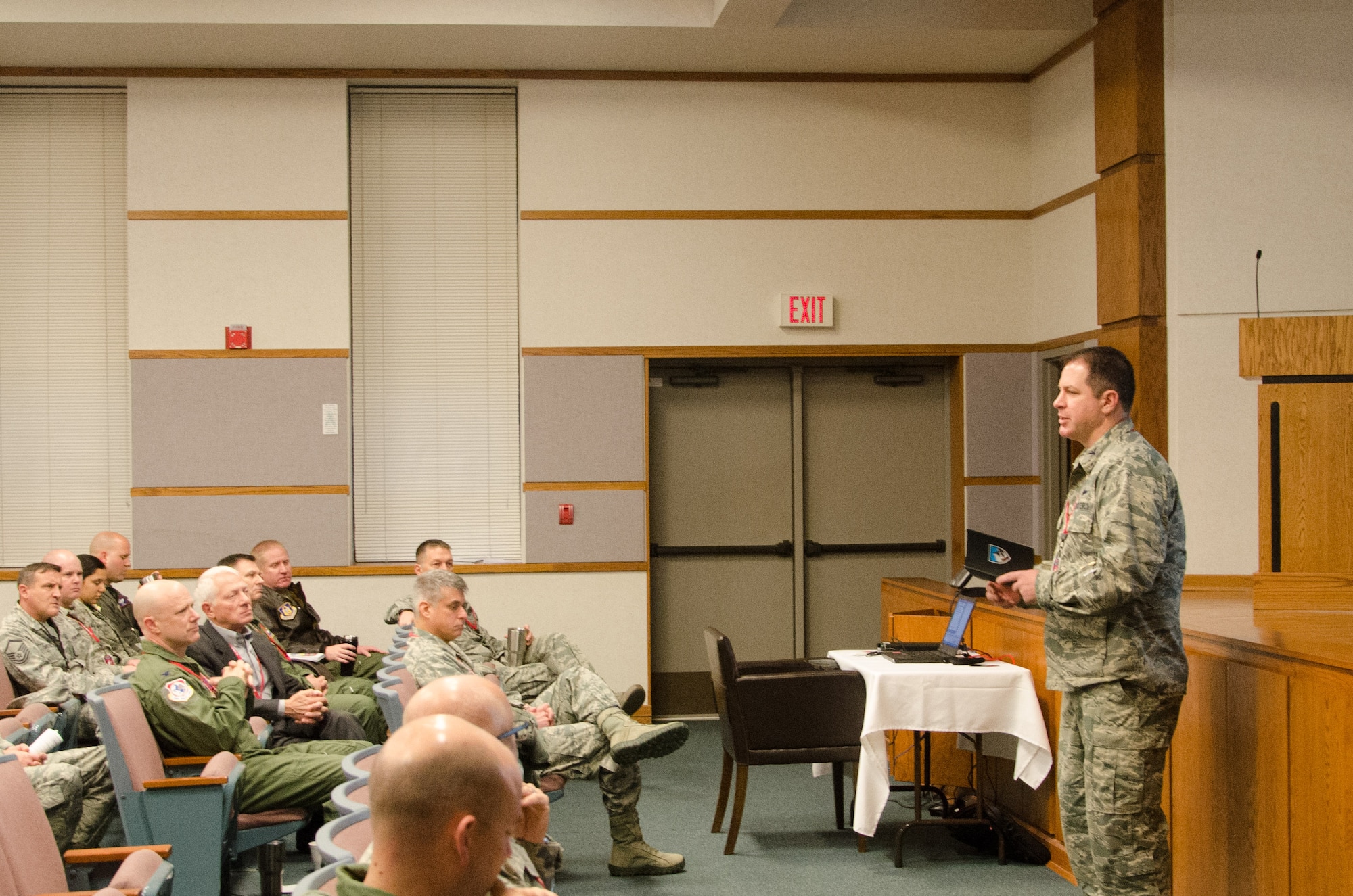 U.S. Air Force Col. Timothy Murphy, commander of the Advanced Airlift Tactics Training Center, speaks during the center’s 35th annual Tactics and Intelligence Symposium at Rosecrans Air National Guard Base, St. Joseph, Mo., Jan. 24, 2017. The symposium brings together mobility and tactics professionals from across the U.S. Air Force, other branches of service, and allied nations. (U.S. Air National Guard photo by Master Sgt. Erin Hickok)