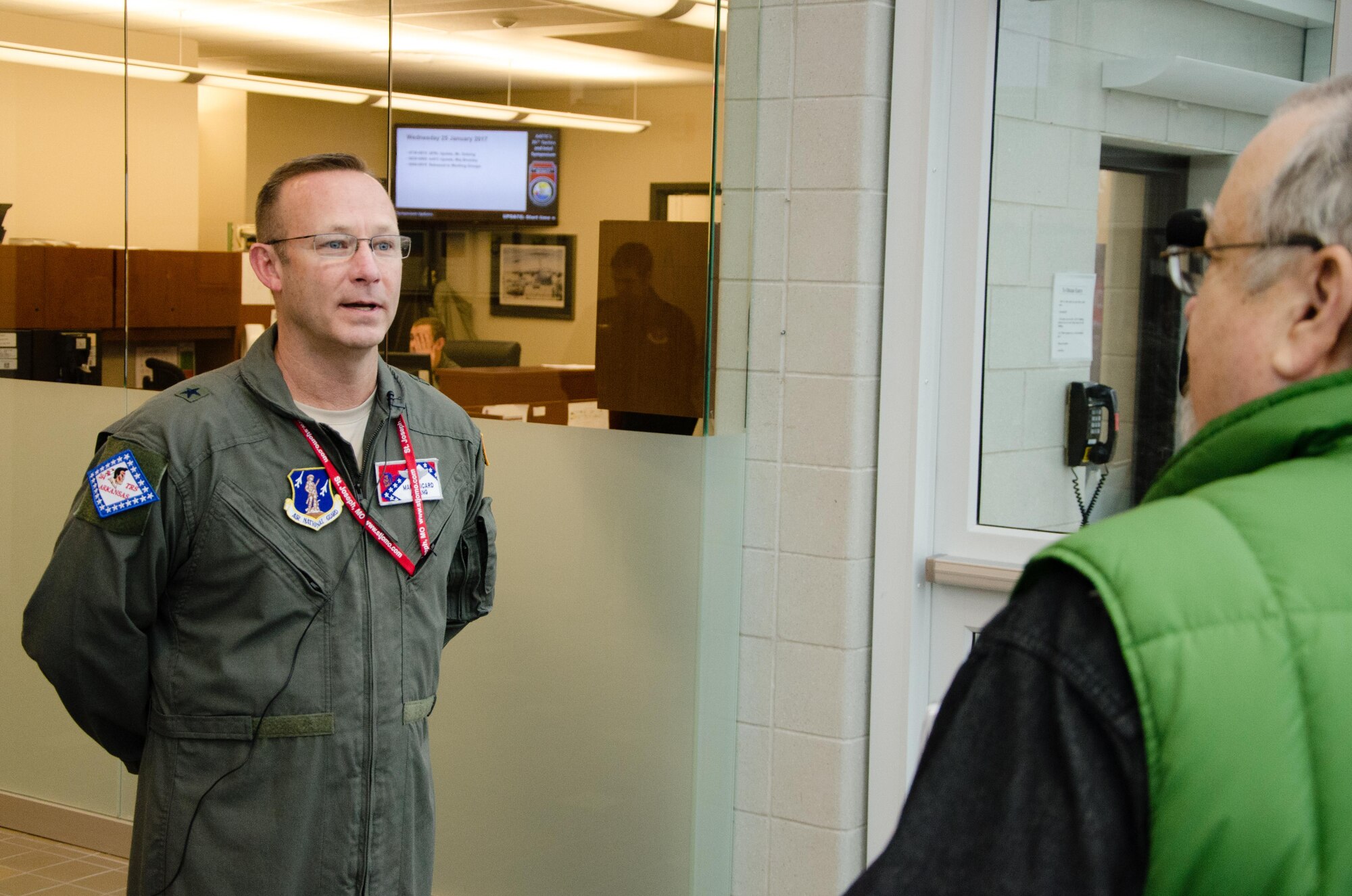 U.S. Air Force Brig. Gen. Marc A. Sicard, commander of the Arkansas Air National Guard and assistant adjutant general - air, speaks to a reporter during the Advanced Airlift Tactics Training Center’s 35th annual Tactics and Intelligence Symposium at Rosecrans Air National Guard Base, St. Joseph, Mo., Jan. 25, 2017. The symposium brings together mobility and tactics professionals from across the U.S. Air Force, other branches of service, and allied nations. (U.S. Air National Guard photo by Master Sgt. Michael Crane)