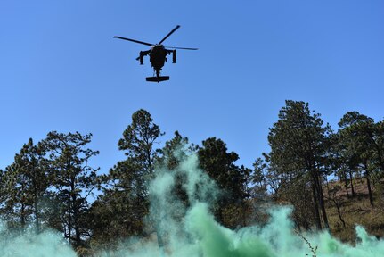 A UH-60 helicopter assigned to Joint Task Force-Bravo’s 1st Battalion, 228th Aviation Regiment, approaches a marked landing zone during a joint Medical Evacuation Training Exercise between Joint Security Forces and the 1-228th, near Soto Cano Air Base, Honduras, Jan. 18, 2017. 