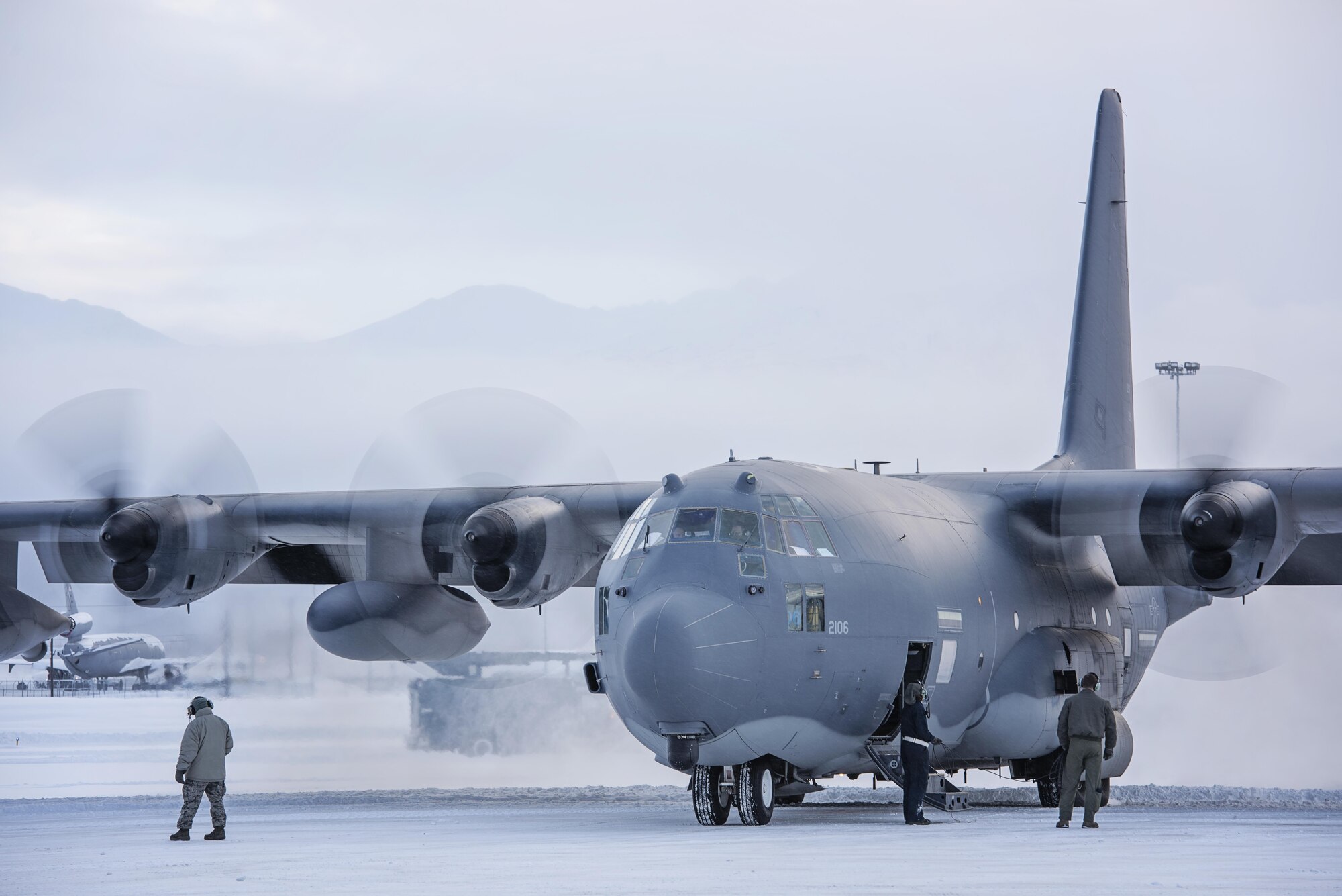 Current and former members of Alaska Air National Guard’s 211th Rescue Squadron bid farewell to the last of their HC-130N King Jan. 17, 2017, as it departed for Patrick Air Force Base, Fla. The older HC-130N’s are scheduled to be replaced with four new HC-130J Combat King II aircraft which are currently being manufactured at Lockheed Martin in Georgia. (U.S. Air National Guard photo/Staff Sgt. Edward Eagerton)