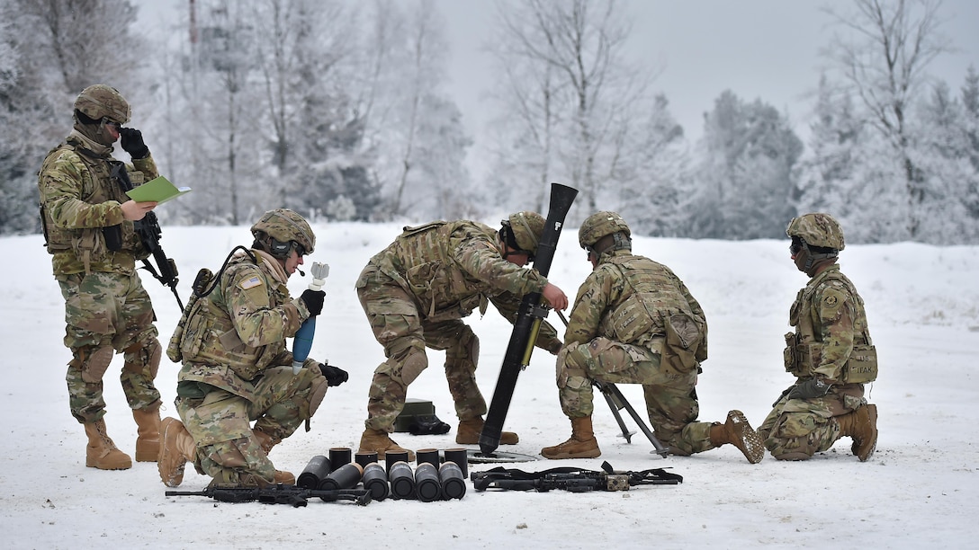 Soldiers conduct a mortar live-fire exercise at the 7th Army Training Command’s Grafenwoehr Training Area in Germany, Jan. 24, 2017. Army photo by Gertrud Zach