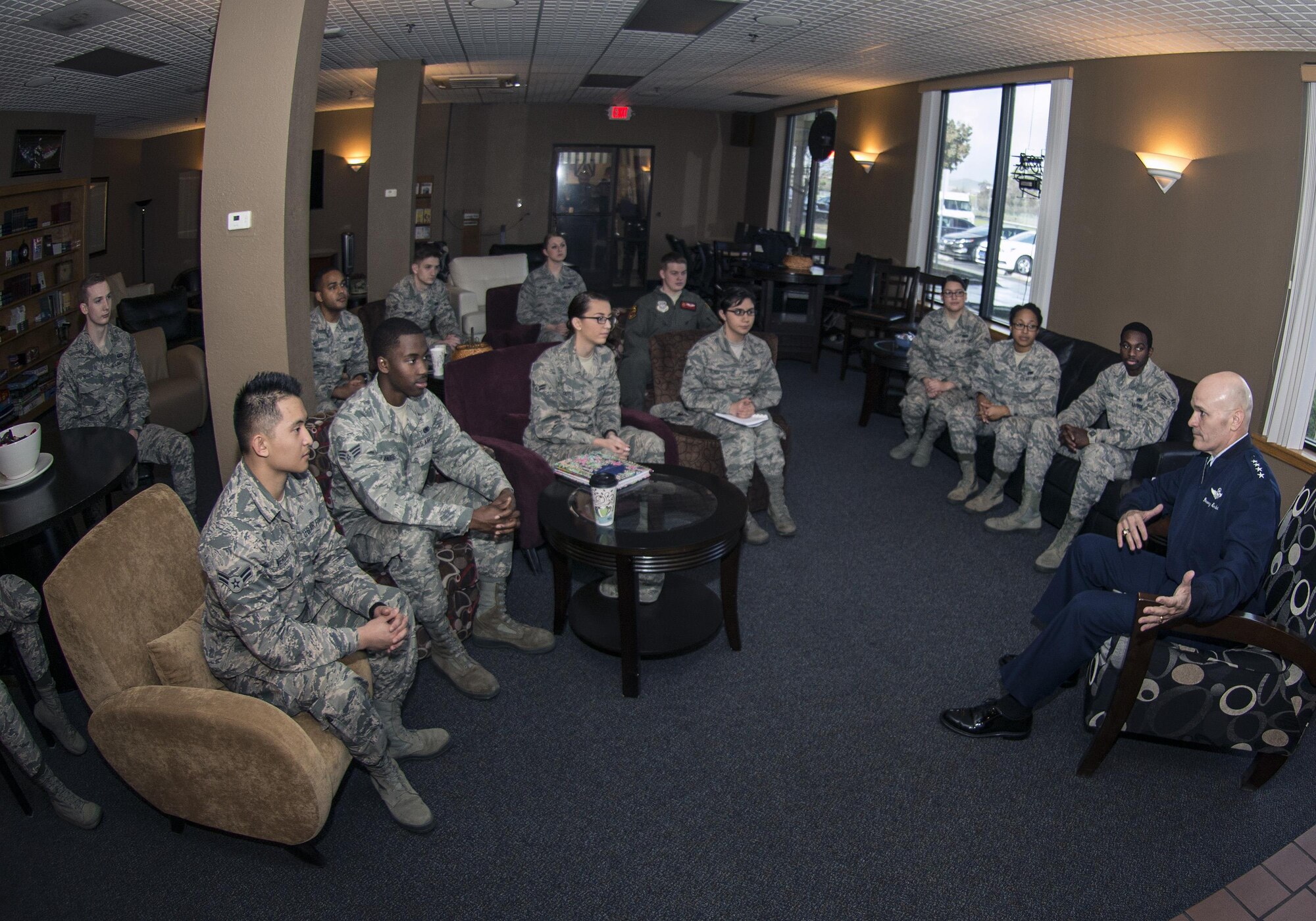 Several airmen from Travis Air Force Base, Calif. had a chance to meet with Gen. Carlton D. Everhart II, Air Mobility Command, commander, Scott Air Force Base, Ill., during his Jan. 19, 2017 to base.  The one on one meeting with Everhart gave the airmen direct access to the most powerful voice in the command.  (US Air Force  photo/T.C. Perkins Jr.)