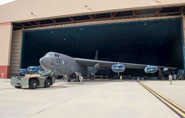 A B-52 from the 96th Bomb Squadron at Barksdale Air Force Base, Louisiana, is backed into the Benefield Anechoic Facility Jan. 9. (U.S. Air Force photo by Ethan Wagner)