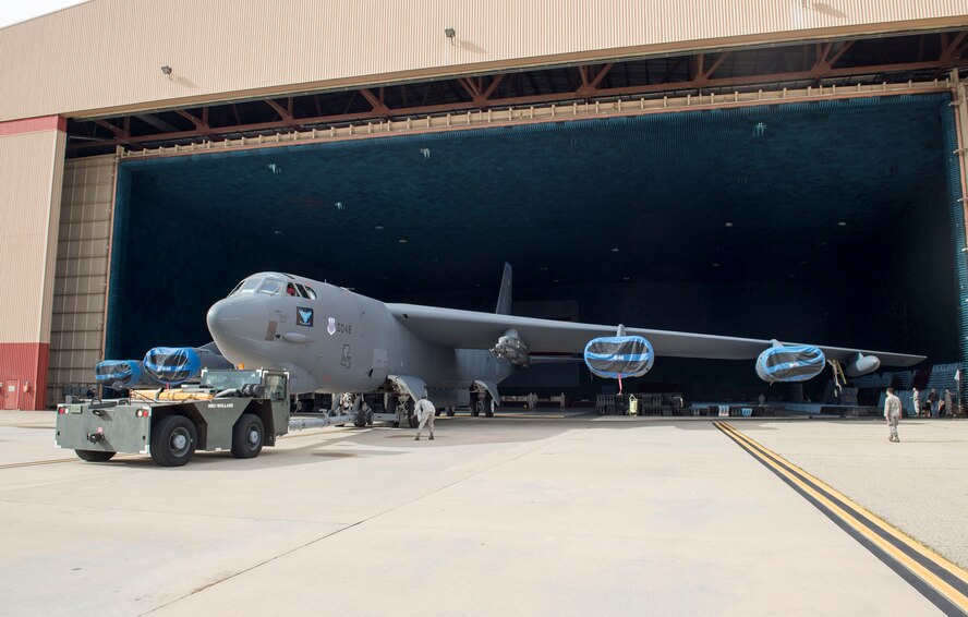 A B-52 Stratofortress from the 96th Bomb Squadron at Barksdale Air Force Base, La., is backed into the Benefield Anechoic Facility at Edwards Air Force Base, Calif., Jan. 9, 2017. (U.S. Air Force photo/Ethan Wagner)