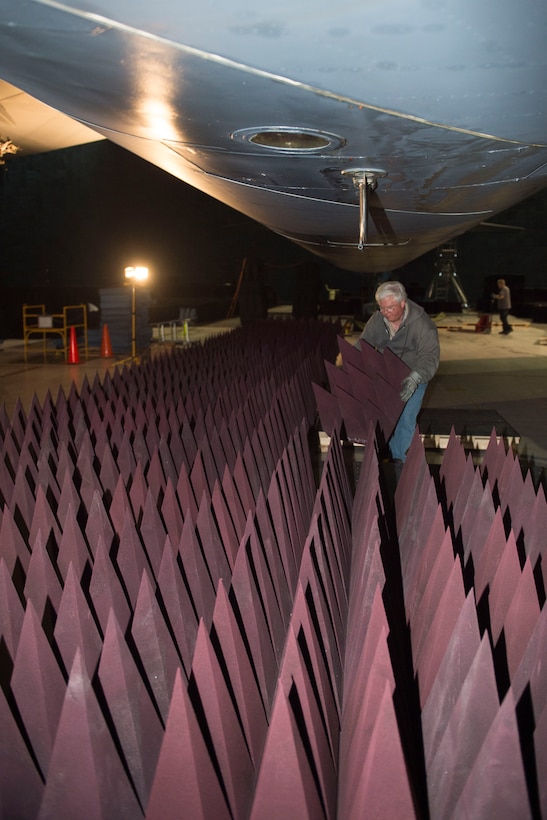 The BAF at Edwards is the largest anechoic chamber in the world and can fit any airplane inside. It provides a free space so electronic warfare tests can be conducted without radio frequency interference from the outside world. The chamber is filled with radiation-absorbing material, or RAM,  designed to stop reflections of electromagnetic waves. (U.S. Air Force photo by Ethan Wagner)