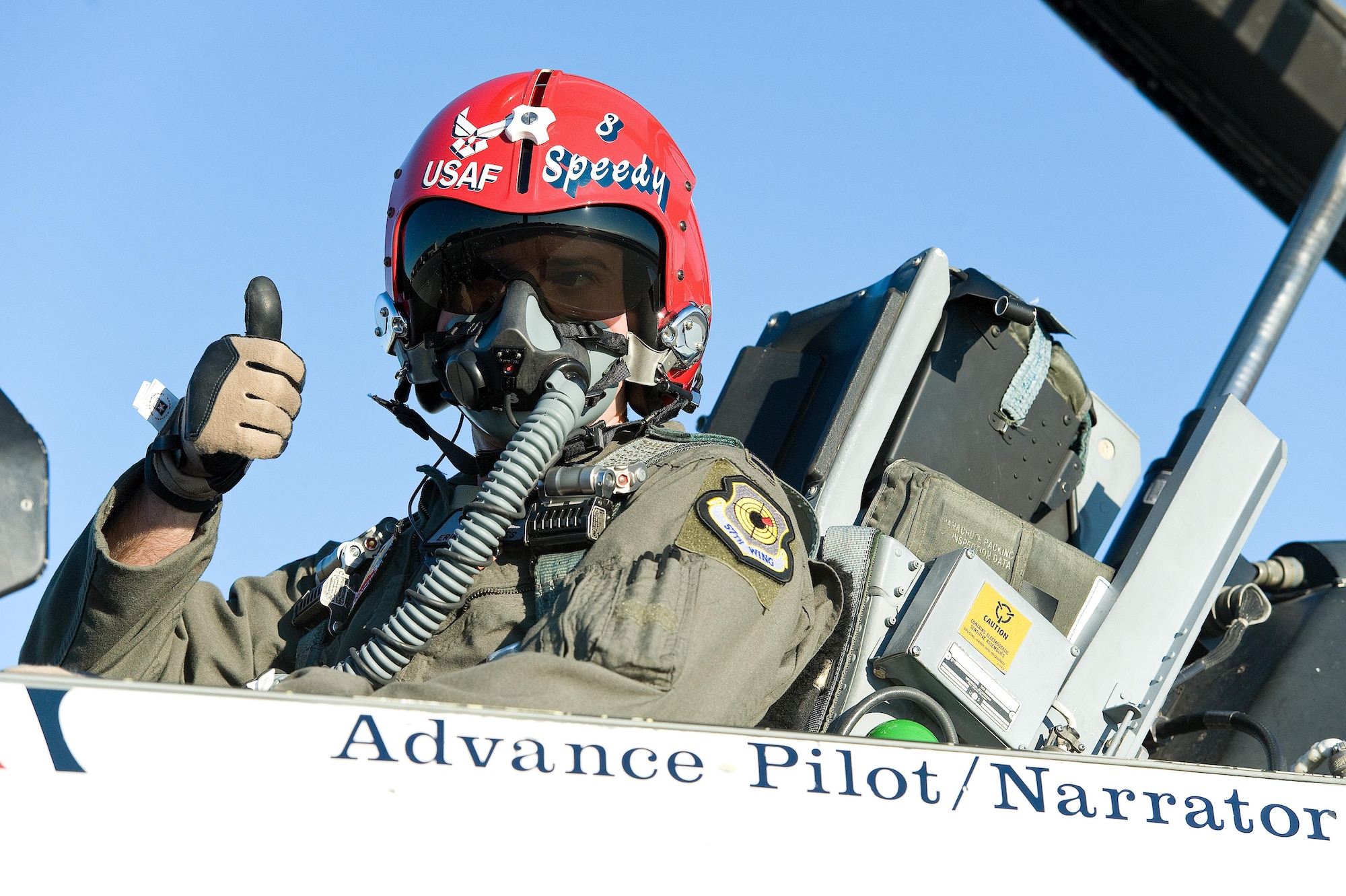 Capt. Erik “Speedy” Gonsalves, U.S. Air Force Thunderbirds Advance pilot/narrator, gives a “thumbs up” prior to engine start of Thunderbird 8, Jan. 25, 2017, at Dover Air Force Base, Del. Gonsalves, along with Staff Sgt. Todd Hughes, tactical aircraft maintainer, departed Dover AFB in the F-16 Fighting Falcon on a schedule flight to Pittsburgh, Pa. The Thunderbirds are scheduled to perform during the “Thunder Over Dover: 2017 Dover AFB Open House,” Aug. 26 and 27. (U.S. Air Force photo by Roland Balik)