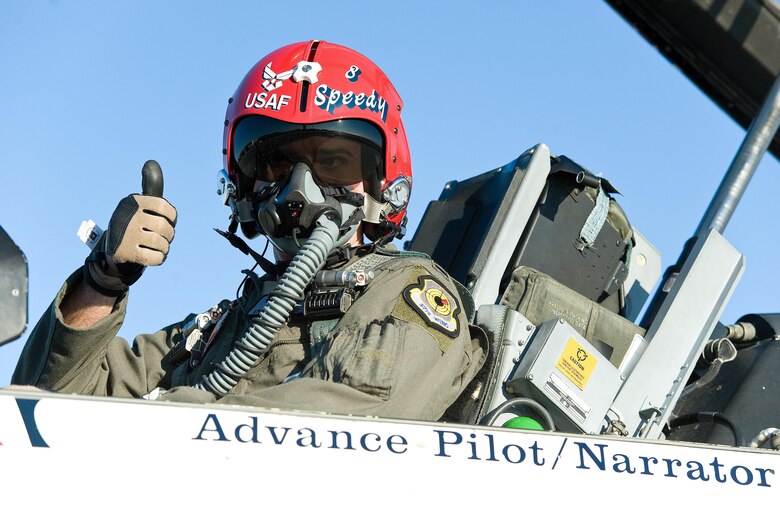 Capt. Erik “Speedy” Gonsalves, U.S. Air Force Thunderbirds Advance pilot/narrator, gives a “thumbs up” prior to engine start of Thunderbird 8, Jan. 25, 2017, at Dover Air Force Base, Del. Gonsalves, along with Staff Sgt. Todd Hughes, tactical aircraft maintainer, departed Dover AFB in the F-16 Fighting Falcon on a schedule flight to Pittsburgh, Pa. The Thunderbirds are scheduled to perform during the “Thunder Over Dover: 2017 Dover AFB Open House,” Aug. 26 and 27. (U.S. Air Force photo by Roland Balik)