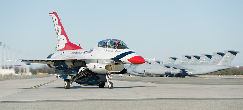 Capt. Erik “Speedy” Gonsalves, U.S. Air Force Thunderbirds advance pilot/narrator, and Staff Sgt. Todd Hughes, tactical aircraft maintainer, taxi down the flight line in Thunderbird 8, an F-16 Fighting Falcon, Jan. 25, 2017, at Dover Air Force Base, Del. Gonsalves and Hughes departed for Pittsburgh, Pa., after meeting with key personnel and conducting a site survey of Dover AFB’s airfield for an open house scheduled for August 26 and 27, 2017. The Thunderbirds are scheduled to give performances on both days. (U.S. Air Force photo by Roland Balik)