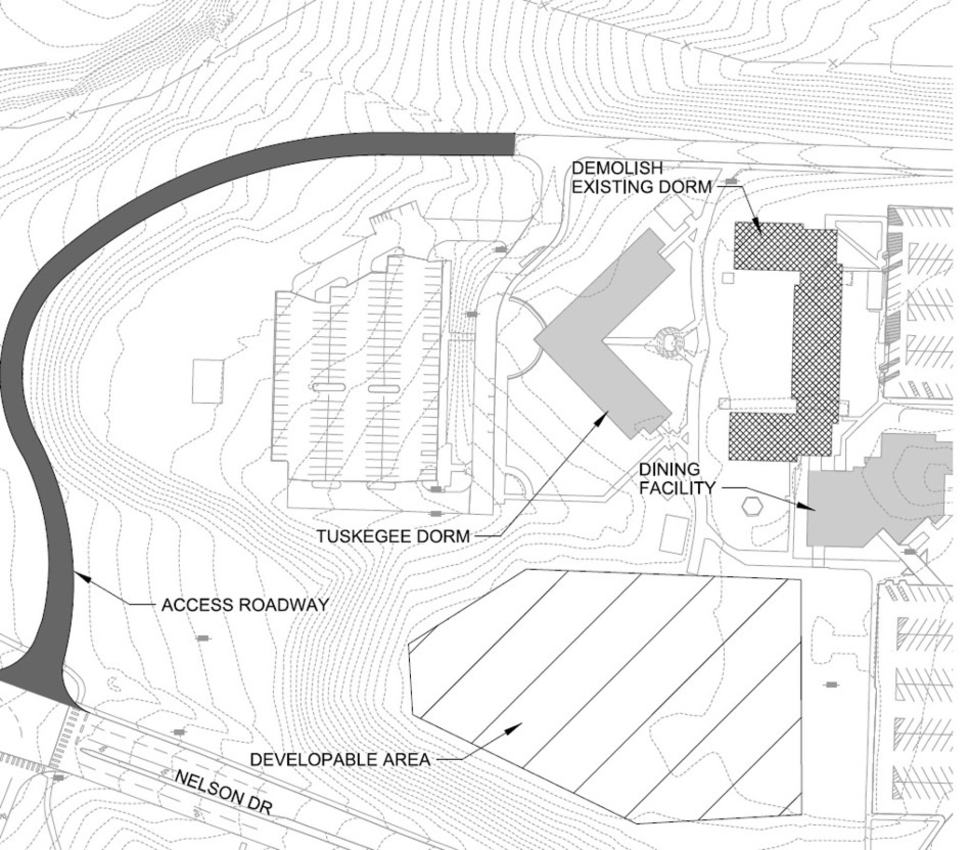In addition to the new dormitory, the $18.8 contract also calls for a new access road to be built from Airman Drive to the Nelson Drive and SAC Boulevard intersection. Construction on the new dormitory is expected to be completed by late February 2019. (Courtesy graphic)