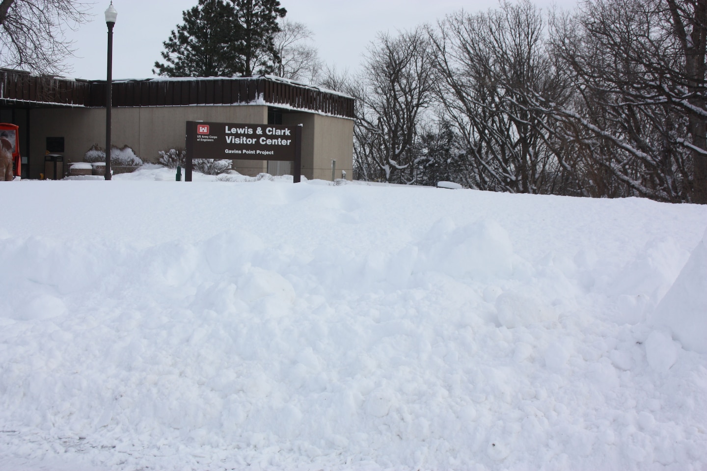 Lewis and Clark Visitor Center, Yankton, SD received more than 16 inches of snow during a winter storm January 25. Snow continues to blow and drift as maintenance crews stay busy clearing the roadways and parking lots. 