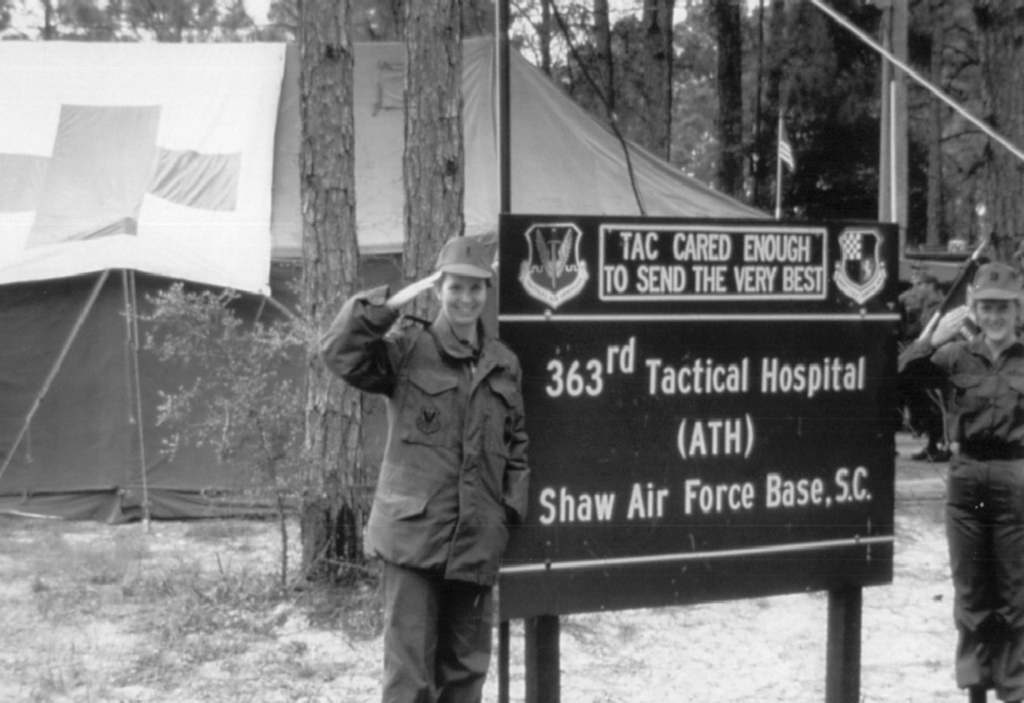 U.S. Airmen assigned to the 363rd Tactical Hospital salute at the hospital site on Shaw Air Force Base, S.C. in the early 50s. The 363rd TH assisted the Airmen of Shaw with medical services, just as todays 20th Medical Group and its predecessor the 20th Station Medical Group. (Courtesy Photo)