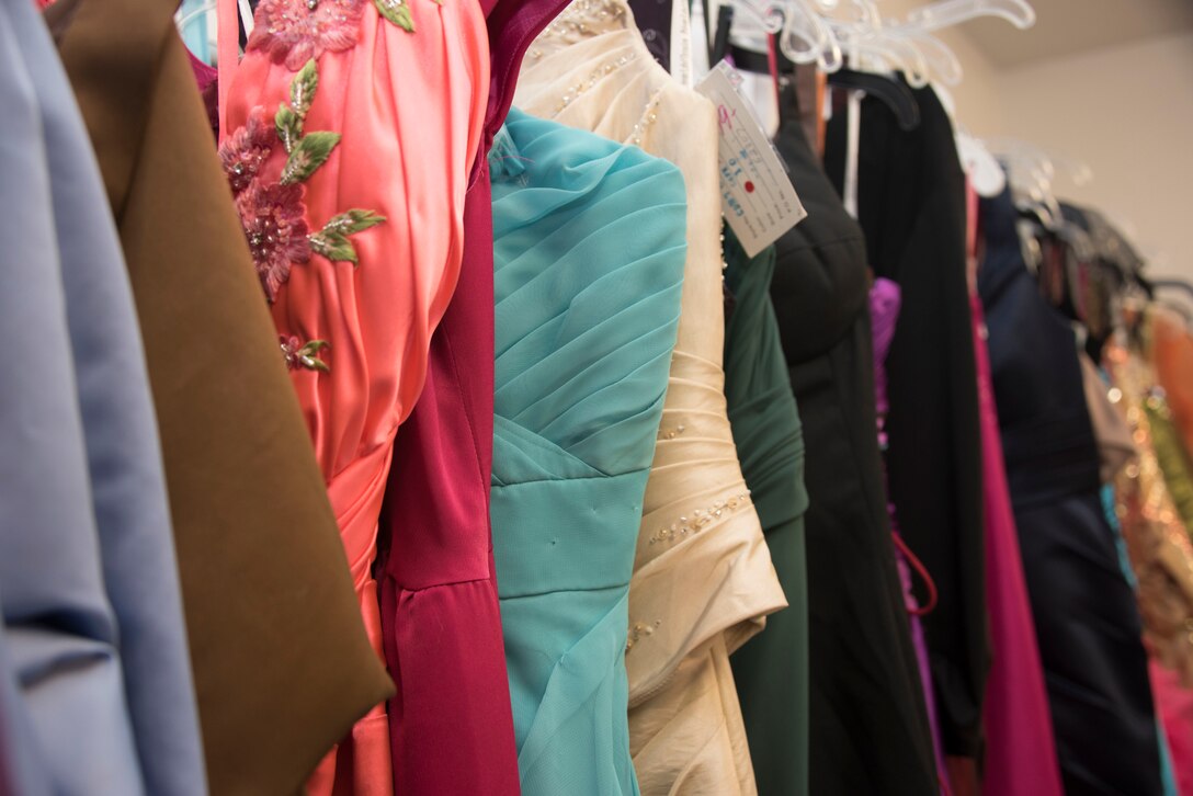 Cinderella's Closet at the Sheppard AFB Thrift Shop offers formal dresses for loan.