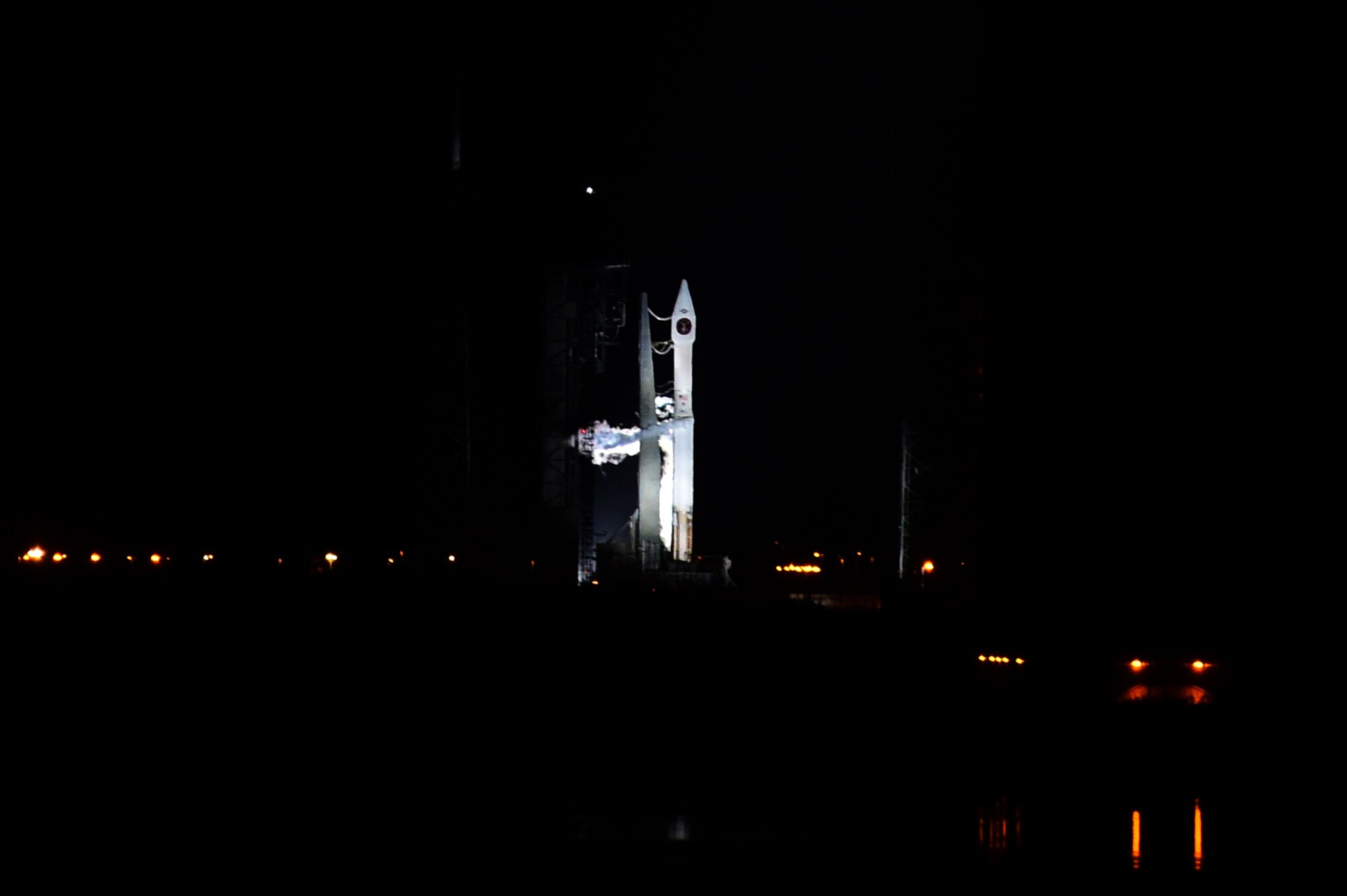 The United Launch Alliance Atlas V rocket carrying Space-Based Infrared System GEO 3 stands in preparation prior to launch Jan. 20, 2017, at Cape Canaveral Air Force Station, Florida. SBIRS GEO 3 was built by Lockheed Martin for the U.S. military to use for their missile warning capabilities. (U.S. Air Force photo by Airman Holden S. Faul/Released)