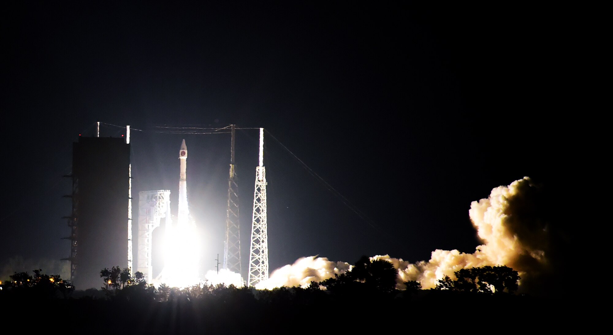 The United Launch Alliance Atlas V rocket carrying Space-Based Infrared System GEO 3 successfully takes off Jan. 20, 2017, from Cape Canaveral Air Force Station, Florida. SBIRS GEO 3 was built by Lockheed Martin for the U.S. military to use for their missile warning capabilities. (U.S. Air Force photo by Airman Holden S. Faul/Released)