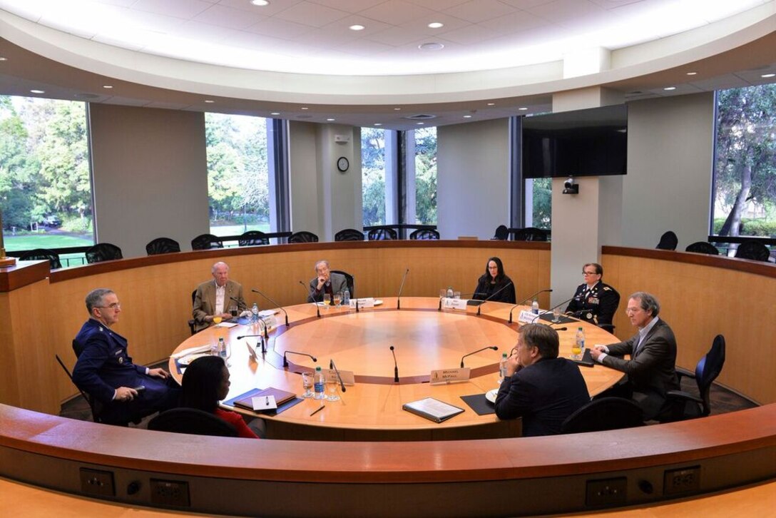 Air Force Gen. John E. Hyten, commander of U.S. Strategic Command, meets with former Defense and State Department officials at Stanford University in California, Jan. 24, 2017, before his speech at Stanford’s Center for International Security and Cooperation. The officials included William J. Perry, a former defense secretary and now a senior fellow at CISAC; George Shultz, a former defense secretary and now a senior fellow at the Hoover Institution; and Condoleezza Rice, a former secretary of state and now a fellow at the Freeman Spogli Institute for International Studies and the Hoover Institution. Courtesy photo by Rod Searcey