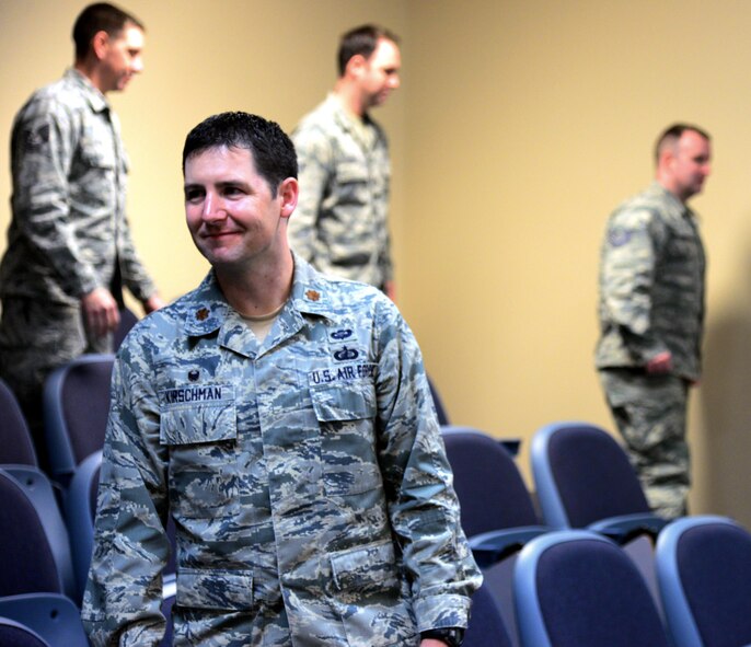 Maj. Jeremiah Kirschman, 341st Contracting Squadron commander, poses for a photo Dec. 21, 2016, at Malmstrom Air Force Base, Mont. Kirschman received the 2016 Air Force Global Strike Command Outstanding Contracting Officer Award in the field grade officer category for being an outstanding leader in his career field largely due to his leadership style. (U.S. Air Force photo/Airman 1st Class Magen M. Reeves)