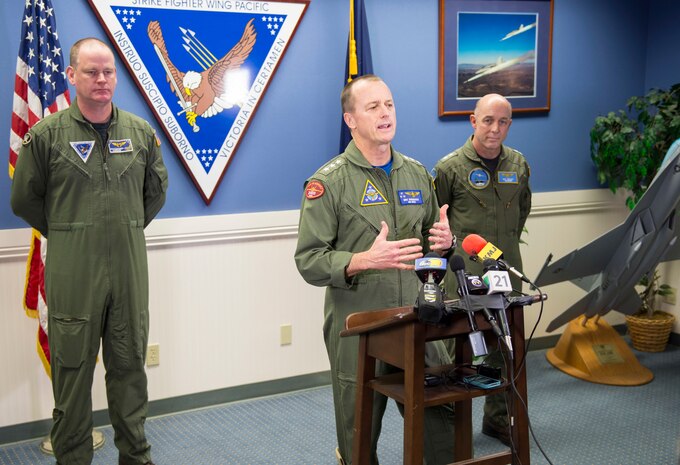 LEMOORE, Calif. (Jan. 25, 2016) Vice Adm. Mike Shoemaker, commander, Naval Air Forces, answers questions during a press conference regarding the arrival of the F-35C Lightning II aircraft aboard Naval Air Station Lemoore. The F-35C will enhance the flexibility, power projection, and strike capabilities of carrier air wing and joint task forces. (U.S. Navy photo by Mass Communication Specialist 3rd Class Zachary Eshleman/Released)