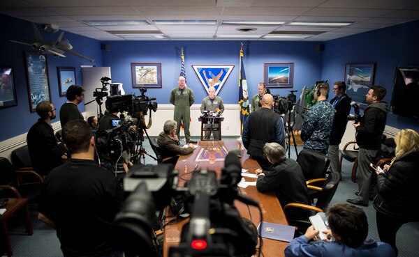 LEMOORE, Calif. (Jan. 25, 2016) Rear Adm. Roy Kelley, director, Joint Strike Fighter Integration Office, answers questions during a press conference regarding the arrival of the F-35C Lightning II joint strike fighter aboard Naval Air Station Lemoore. The F-35C will enhance the flexibility, power projection, and strike capabilities of carrier air wing and joint task forces. (U.S. Navy photo by Mass Communication Specialist 3rd Class Zachary Eshleman/Released)