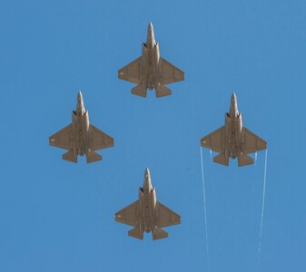 LEMOORE, Calif. (Jan. 25, 2016) Four F-35C Lightning II joint strike fighters fly in formation over Naval Air Station Lemoore. The F-35C will enhance the flexibility, power projection, and strike capabilities of carrier air wing and joint task forces. (U.S. Navy photo by Mass Communication Specialist 3rd Class Zachary Eshleman/Released)