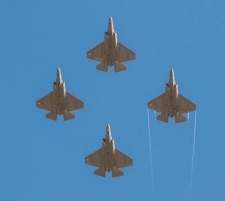LEMOORE, Calif. (Jan. 25, 2016) Four F-35C Lightning II joint strike fighters fly in formation over Naval Air Station Lemoore. The F-35C will enhance the flexibility, power projection, and strike capabilities of carrier air wing and joint task forces. (U.S. Navy photo by Mass Communication Specialist 3rd Class Zachary Eshleman/Released)