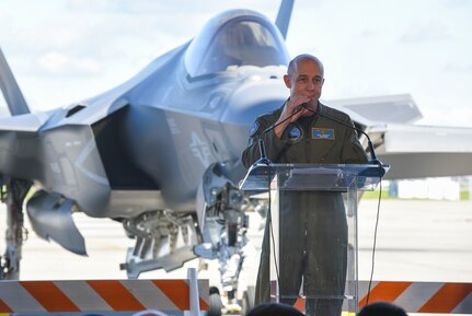 LEMOORE, Calif. (Jan. 25, 2016) Rear Adm. Roy Kelley, director, Joint Strike Fighter Fleet Integration Office, speaks at a ceremony marking the arrival of the F-35C Lightning II Joint Strike Fighter at Naval Air Station Lemoore. The F-35C will enhance the flexibility, power projection, and strike capabilities of carrier air wings and joint task forces. (U.S. Navy photo by Mass Communication Specialist 3rd Class Zachary Eshleman/Released)