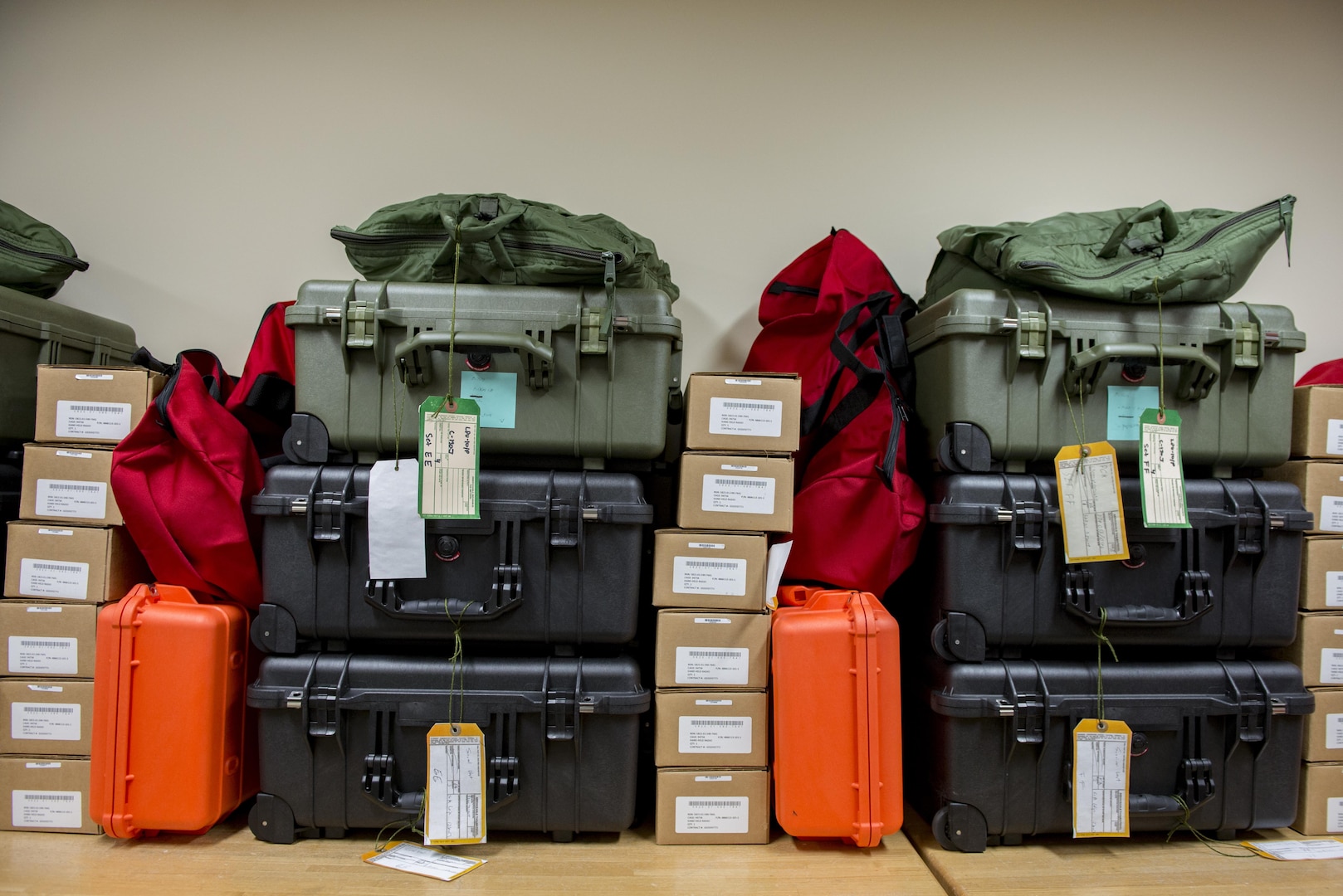 New life-support and survival equipment kits wait to be placed on new C-130J Super Hercules aircraft in the 374th Operations Support Squadron Aircrew Flight Equipment flight main shop Jan. 20, 2017, at Yokota Air Base, Japan. For the new C-130J aircraft scheduled to arrive at Yokota in 2017, brand-new aircrew life-support and survival equipment will also be supplied by the 374th AFE flight. (U.S. Air Force photo by Airman 1st Class Donald Hudson)