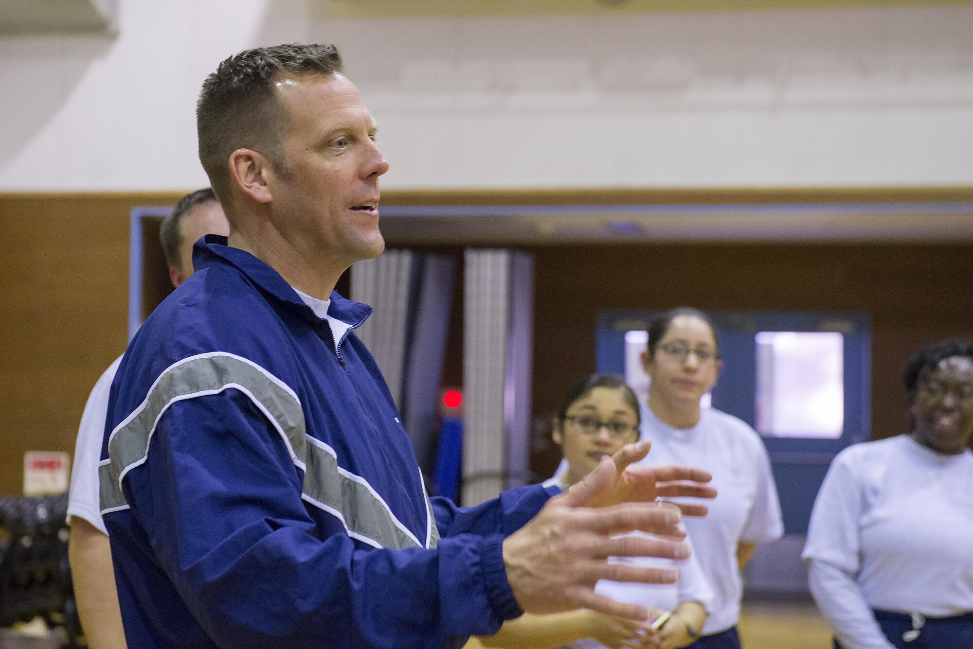 Lt. Col. Richard Woodruff, 374th Aerospace Medicine Squadron commander, thanks his Airmen for participating in the Biomedical Sciences Corps appreciation week dodgeball event at Yokota Air Base, Japan, Jan. 24, 2017. The BSC is made up of 17 career specialties who work together to provide a broad base of clinical and scientific expertise for the Air Force Medical Service. (U.S. Air Force photo by Senior Airman David C. Danford)