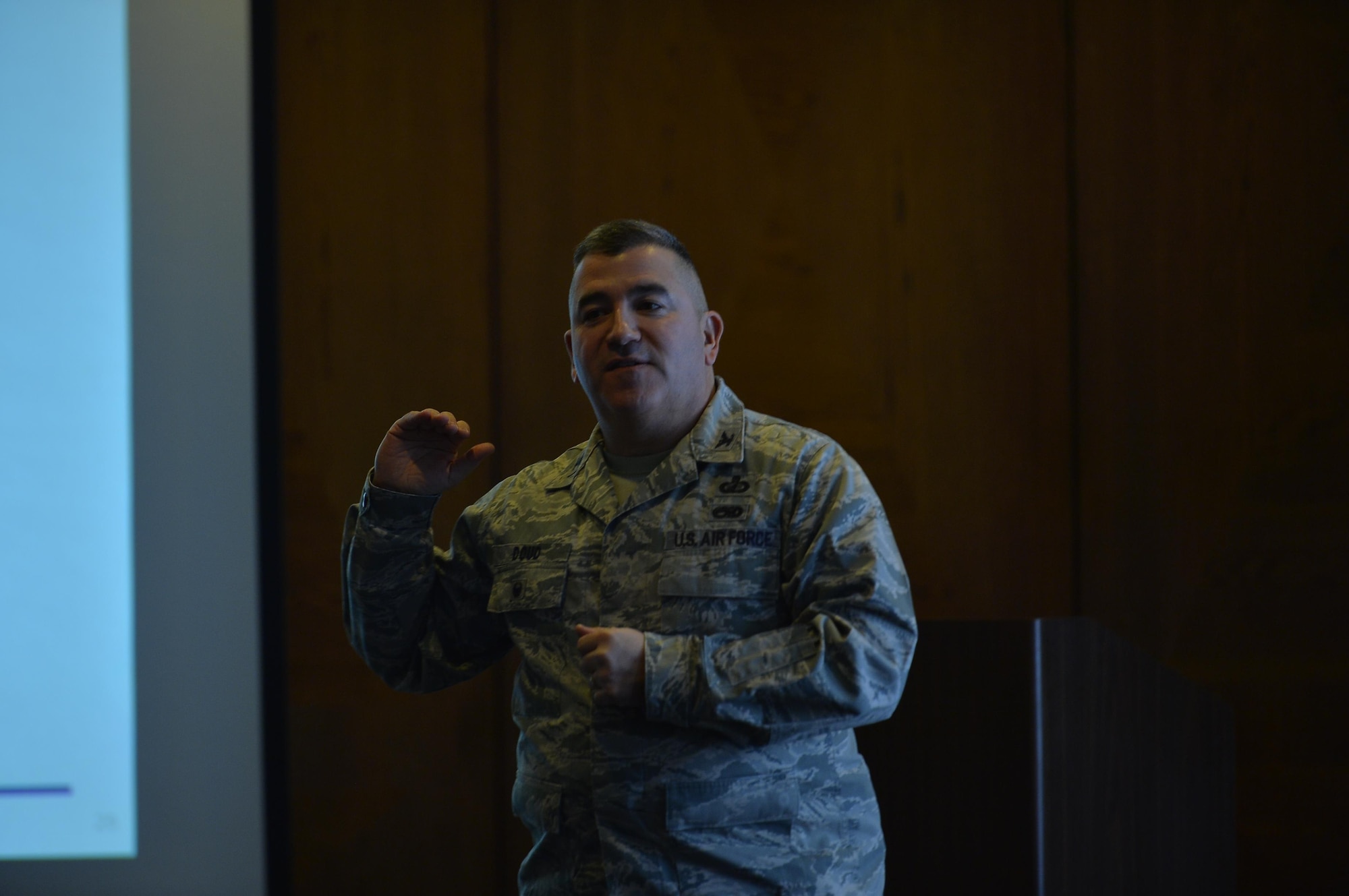 Col. Ronnie Doud, Air Force Installation Contracting Agency Europe director, speaks during a meeting for contracting representatives on Ramstein Air Base, Germany, Jan. 24, 2017. Participants in the meeting discussed ways to efficiently acquire supplies and material for U.S. forces in Europe. (U.S. Air Force photo by Airman 1st Class Joshua Magbanua).