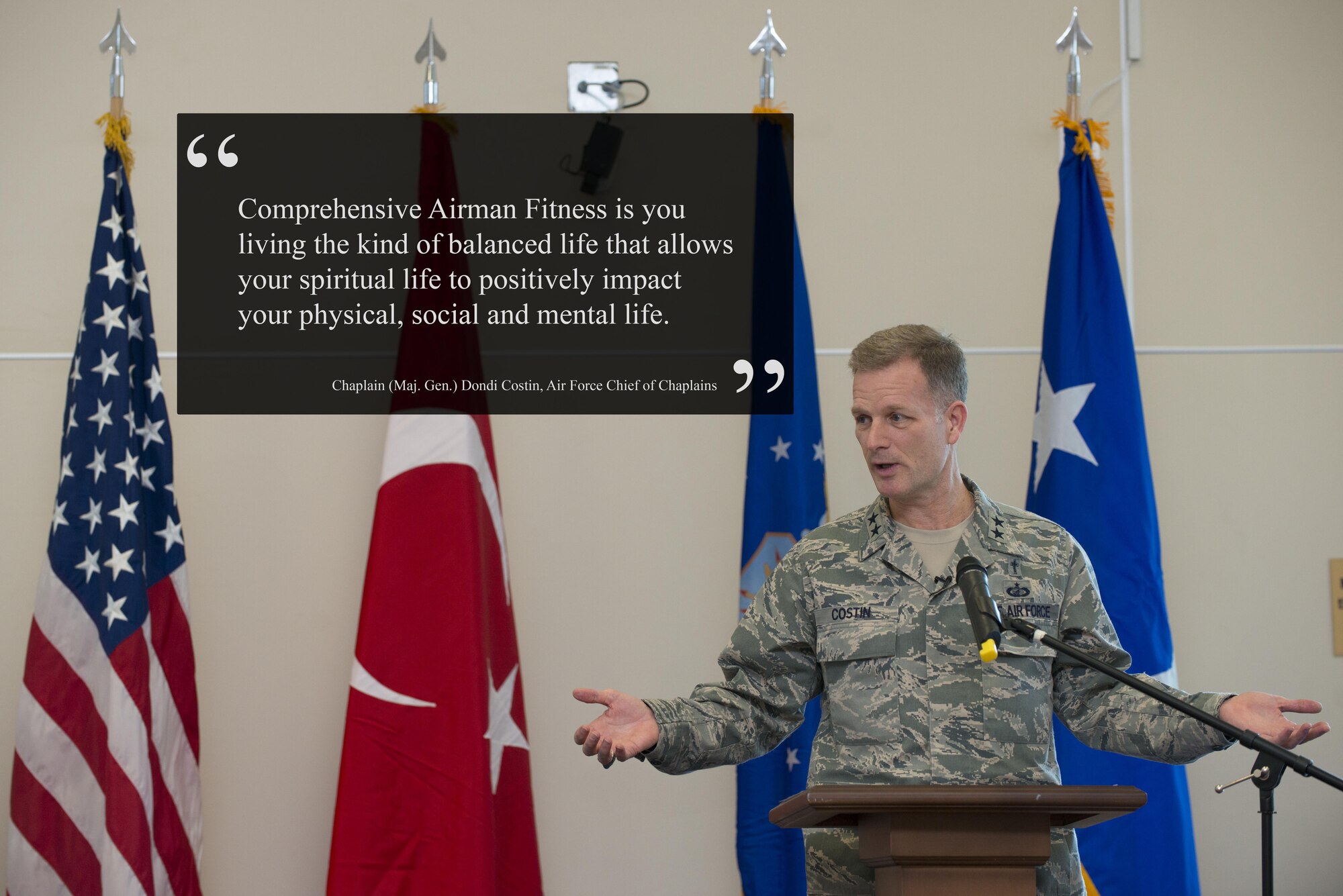 Chaplain (Maj. Gen.) Dondi Costin, Air Force chief of chaplains, speaks during a spiritual fitness luncheon, Jan. 26, 2017, at Incirlik Air Base, Turkey. During the event, Costin spoke about spiritual resilience and how it relates to other parts of Comprehensive Airman Fitness. (U.S. Air Force photo illustration by Senior Airman John Nieves Camacho)