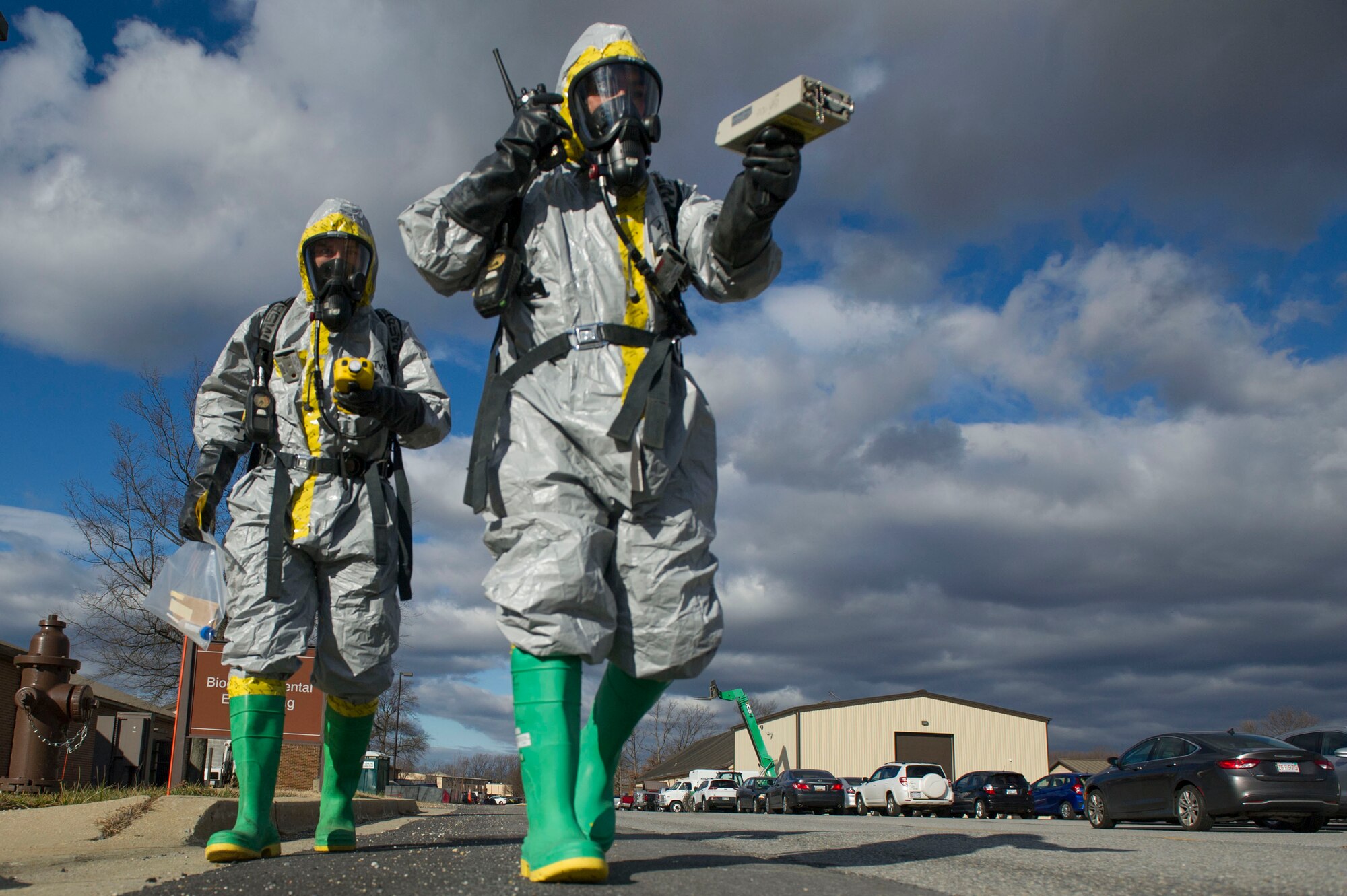 Airmen from the 779th Aerospace Medicine Squadron Bioenvironmental Flight conduct a hazardous material training exercise Jan.18, 2017. The flight conducts routine training to remain proficient and ready to respond at a moments notice. (Photo by Senior Master Sgt. Adrian Cadiz)(Released)