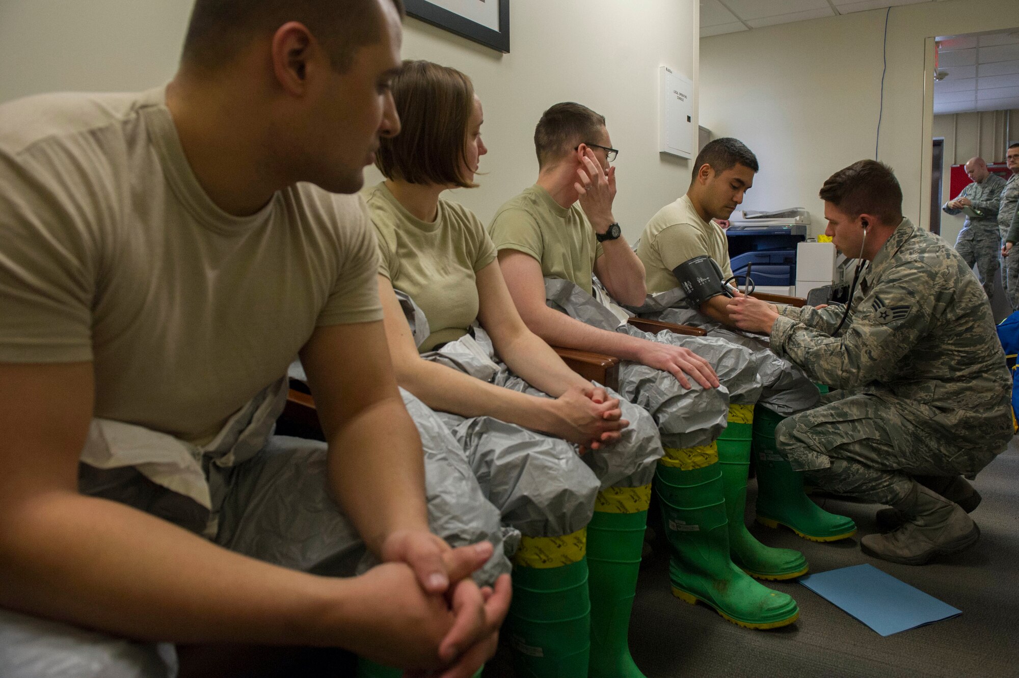 Airmen from the 779th Aerospace Medicine Squadron Bioenvironmental Flight conduct a hazardous material training exercise Jan.18, 2017. The flight conducts routine training to remain proficient and ready to respond at a moments notice. (Photo by Senior Master Sgt. Adrian Cadiz)(Released)