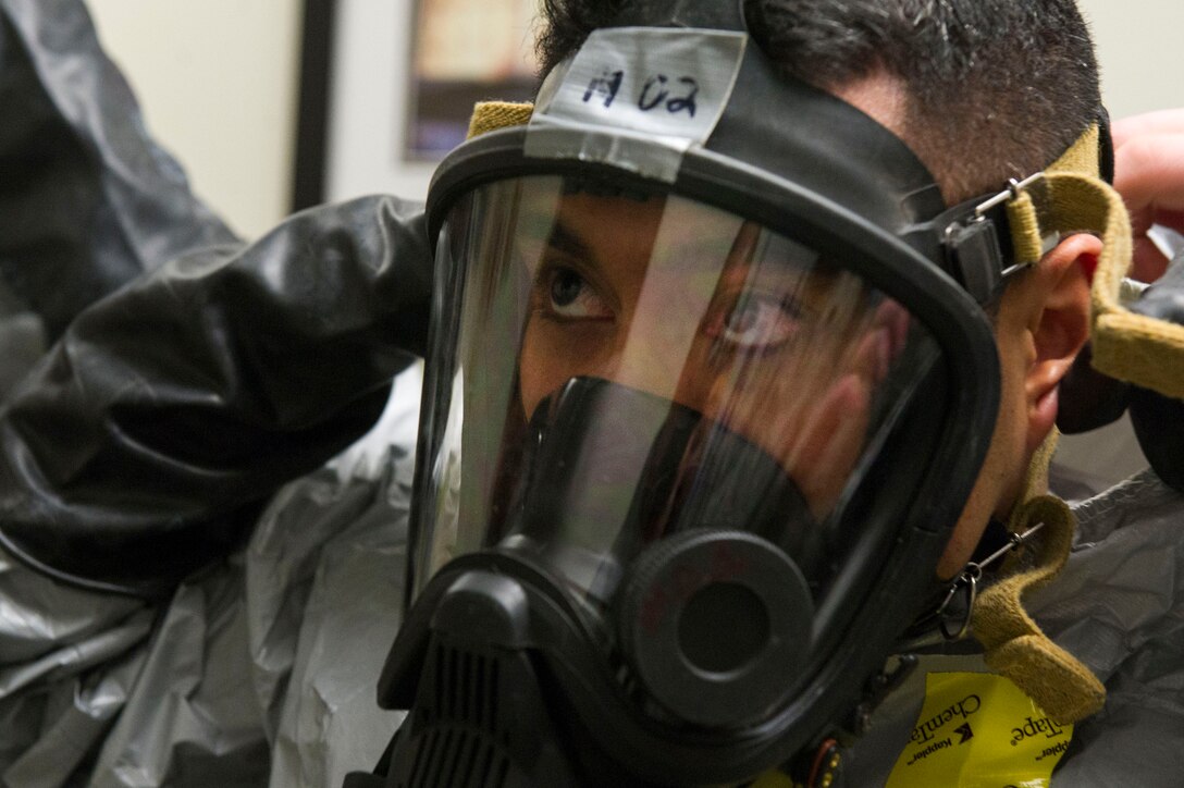 Airmen from the 779th Aerospace Medicine Squadron Bioenvironmental Flight conduct a hazardous material training exercise Jan.18, 2017. The flight conducts routine training to remain proficient and ready to respond at a moments notice. (Photo by Senior Master Sgt. Adrian Cadiz)(Released)