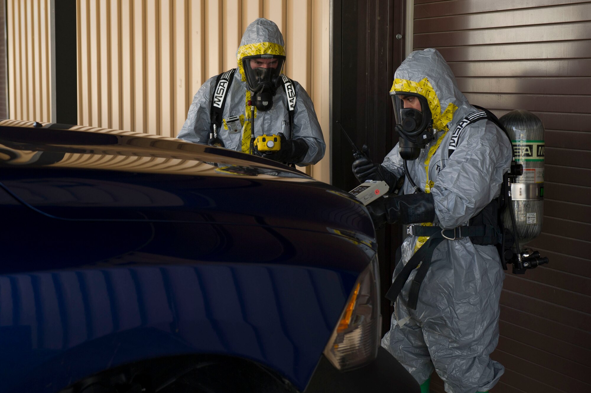 Airmen from the 779th Aerospace Medicine Squadron Bioenvironmental Flight conduct a hazardous material training exercise Jan.18, 2017. The flight conducts routine training to remain proficient and ready to respond at a moments notice. (Photo by Senior Master Sgt. Adrian Cadiz)(Released)