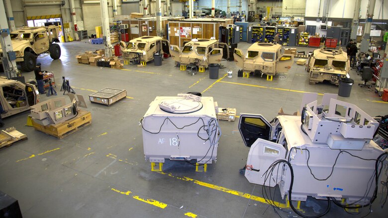 Crew capsules of several Mine Resistant Ambush Protected All Terrain Vehicles, or M-ATV, sit awaiting repair and upgrade at Production Plant Barstow, Marine Depot Maintenance Command, on the Yermo Annex of Marine Corps Logistics Base Barstow, Jan. 12, 2017. The artisans working the M-ATV line are refurbishing the 17-ton vehicles for both the U.S. Air Force and Marine Corps for use in Afghanistan. The formidable M1 Abrams tanks usually used in the field are too wide for the narrow mountain roads found in abundance in that region.