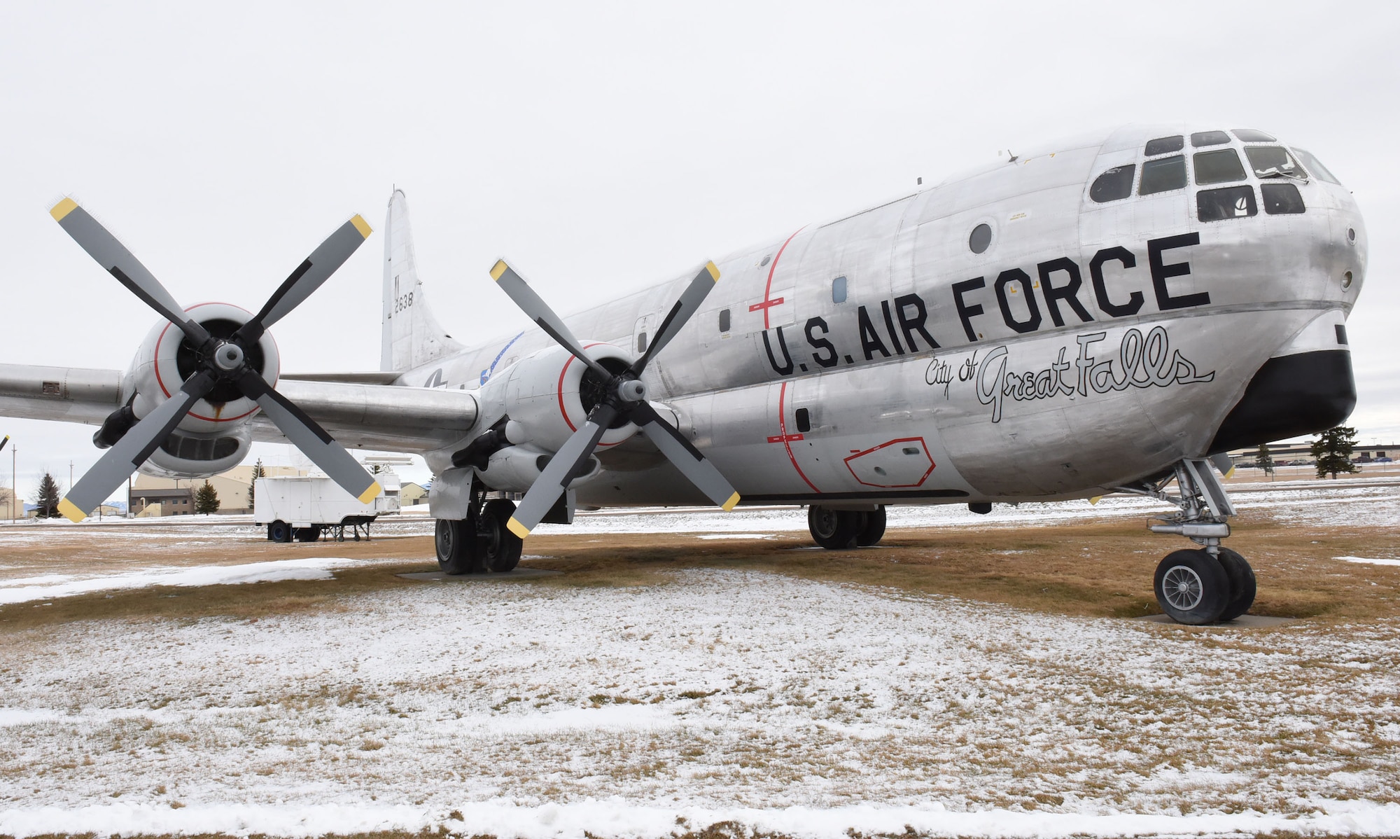 A KC-97G “Stratofreighter”, which flew at Malmstrom Air Force Base, Mont., during the late 1950s to early 1960s, is one of seven aircraft on display at the Malmstrom Historic Exhibit and Air Park.  The museum contains more than 400 items on display that depict the history of Malmstrom and the Minuteman missile program.  (Air Force photo/Jason Heavner)