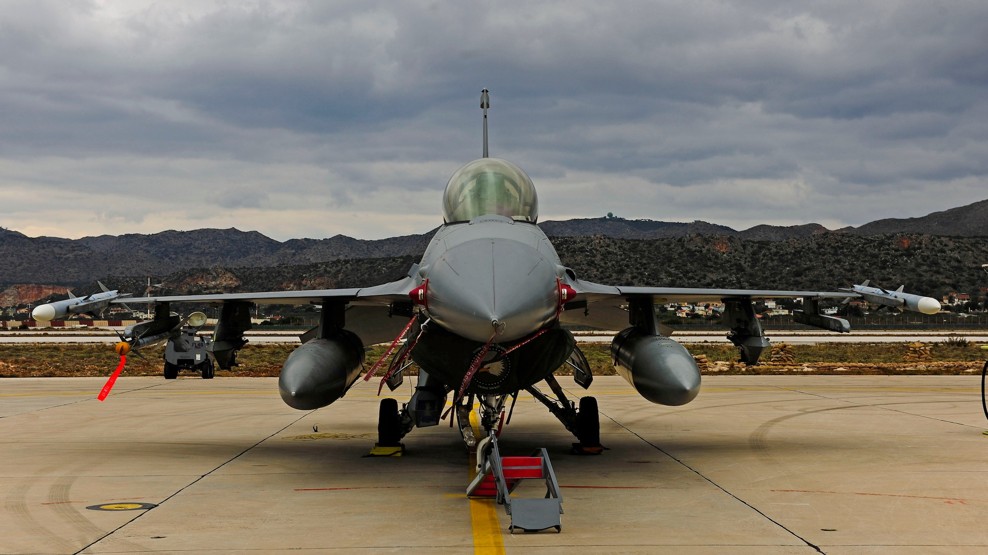 An F-16 Fighting Falcon from the 555th Fighter Squadron, Aviano Air Base, Italy sits on the runway at Souda Bay, Greece on Jan. 23, 2016. Fourteen Aviano F-16s, one KC-135 Stratotanker from the Arizona Air National Guard’s 161st Air Refueling Wing and 280 Airmen deployed to Souda Bay to train with Greece’s Hellenic air force for two weeks during a flying training deployment, scheduled from Jan. 20 to Feb. 3. The FTD was hosted to evaluate aircraft and personnel capabilities and increase interoperability between the two NATO allies. (U.S. Air Force photo by Staff Sgt. Austin Harvill)
