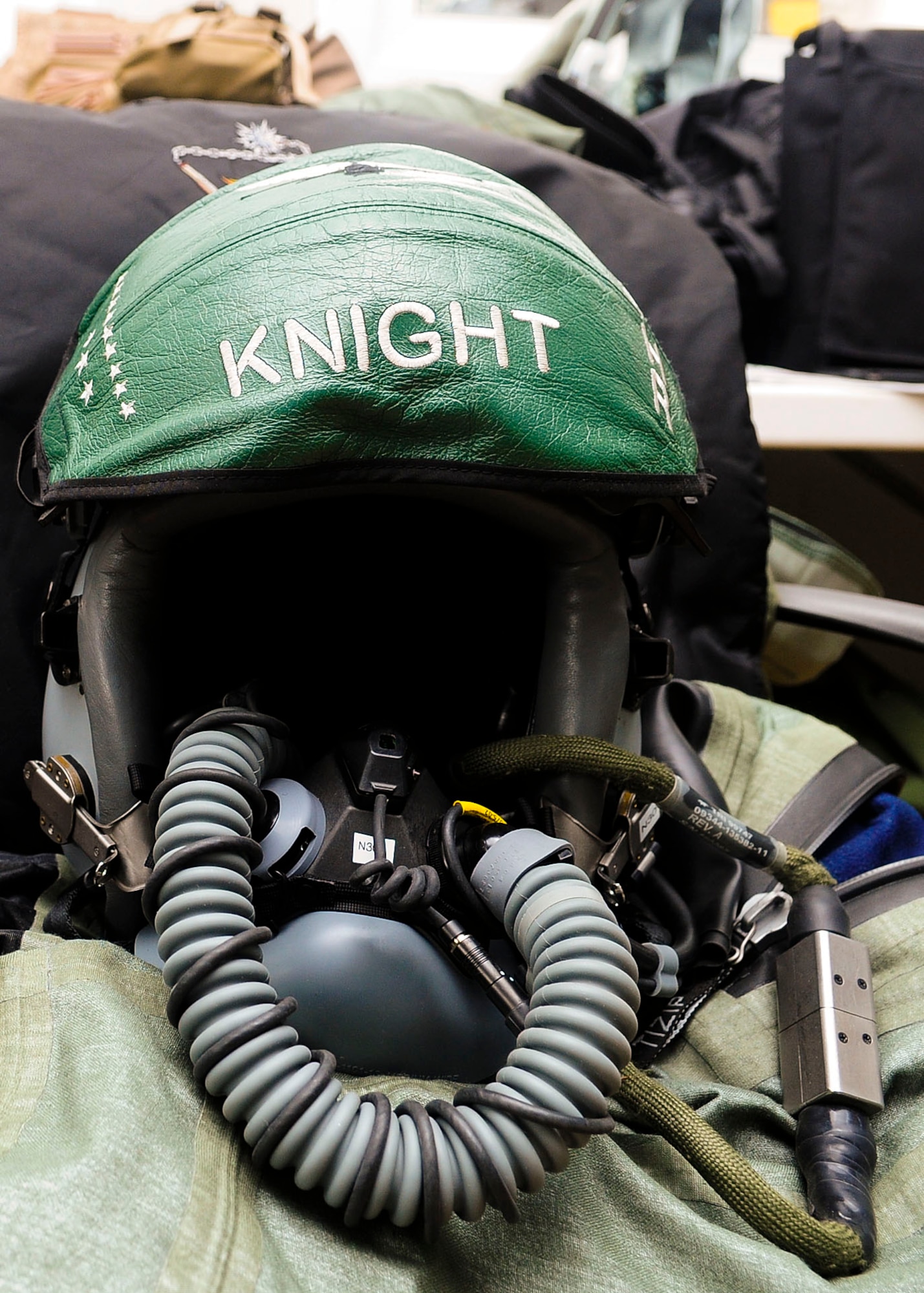The helmet of an F-16 Fighting Falcon pilot from the 555th Fighter Squadron, Aviano Air Base, Italy awaits its owner during a flying training deployment at Souda Bay, Greece on Jan. 23, 2016. The FTD was hosted to evaluate aircraft and personnel capabilities and to train with Greece's Hellenic air force. (U.S. Air Force photo by Staff Sgt. Austin Harvill)