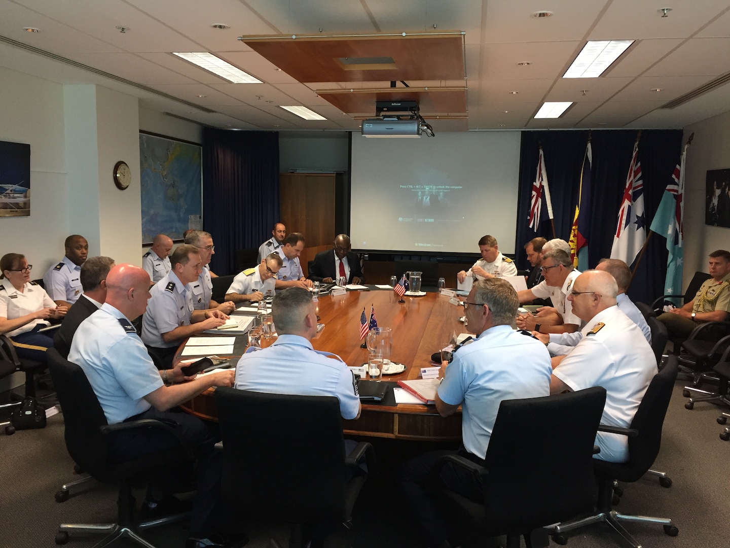 U.S. Air Force Gen. John E. Hyten, commander of U.S. Strategic Command (USSTRATCOM), with USSTRATCOM delegation, and Royal Australian Navy Vice Adm. Ray Griggs, vice chief of the Australian Defence Force with Australian Defence Force delegation, attend the USSTRATCOM-Australia Defence Organization bi-lateral engagement in Canberra, Australia, Jan. 17, 2017. The visit aligns with USSTRATCOM’s priority to enhance interoperability between U.S. and Australian forces; expand cooperation in space, cyberspace, intelligence and missile defense; and identify future opportunities for cooperation and engagement. One of nine DoD unified combatant commands, USSTRATCOM has global strategic missions assigned through the Unified Command Plan that include strategic deterrence; space operations; cyberspace operations; joint electronic warfare; global strike; missile defense; intelligence, surveillance and reconnaissance; and analysis and targeting.