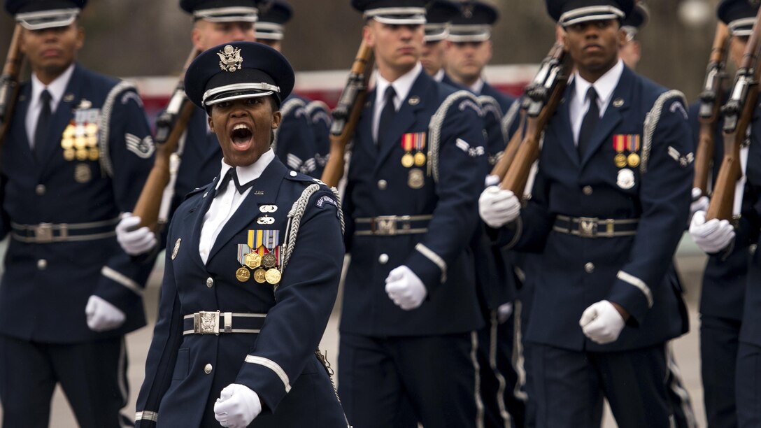 Airmen assigned to the U.S. Air Force Honor Guard march during the pass in review at the 58th presidential inauguration in Washington, D.C., Jan. 20, 2017. DoD photo by Air Force Staff Sgt. Marianique Santos