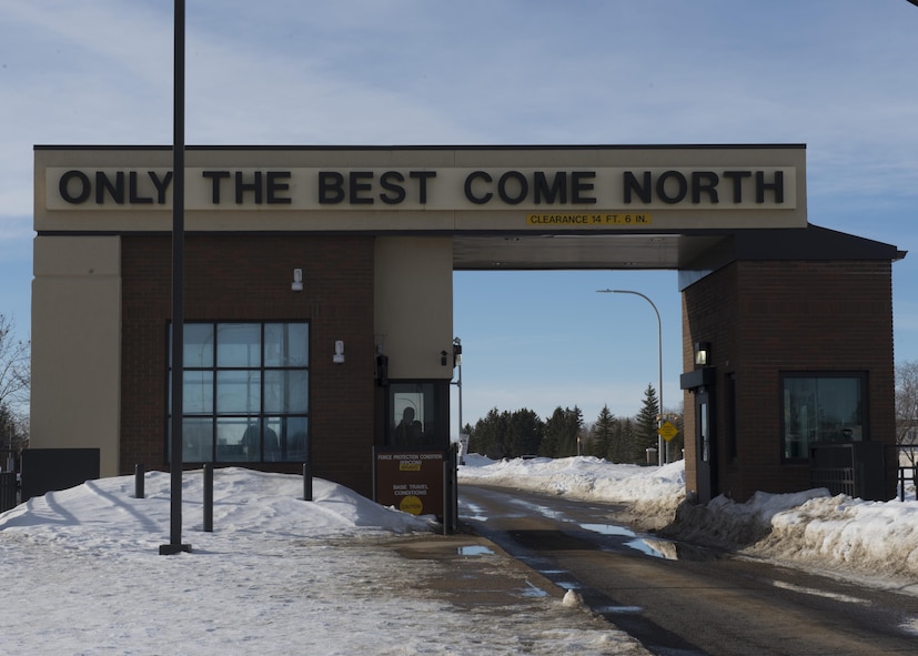 The Magic City Gate leads into Minot Air Force Base, N.D., Jan. 19, 2017. The statement ‘Only the Best Come North’ represents the responsibility placed on all Airmen who enter Minot AFB on a daily basis. (U.S. Air Force photo/Airman 1st Class Alyssa M. Akers)